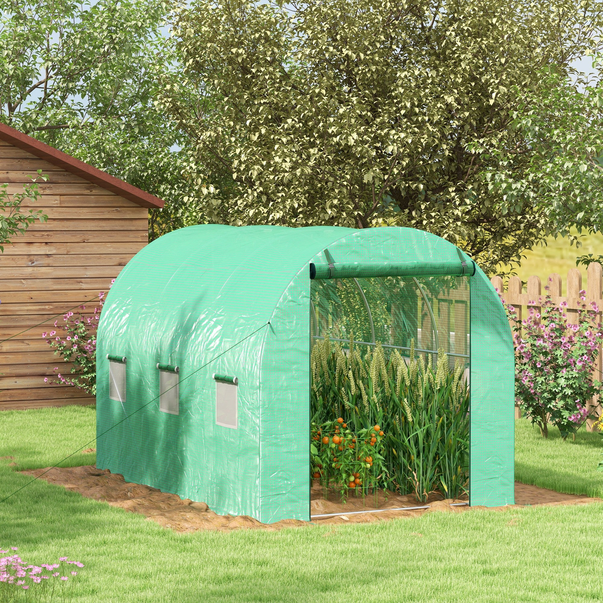 3 x 2m Polytunnel Greenhouse with Sprinkler Irrigation System, Wide Roll-up Door & 6 Mesh Windows, Green - Image 3