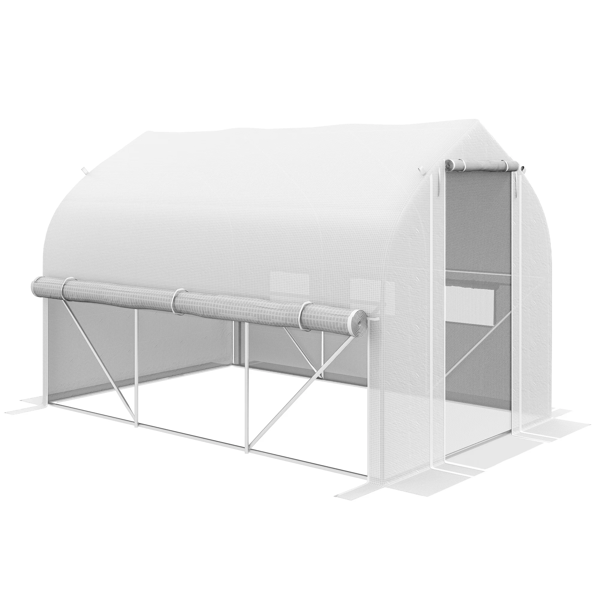 3 x 2m Walk-in Polytunnel Greenhouse w/ Zipped Roll Up Sidewalls & 6 Mesh Windows, White