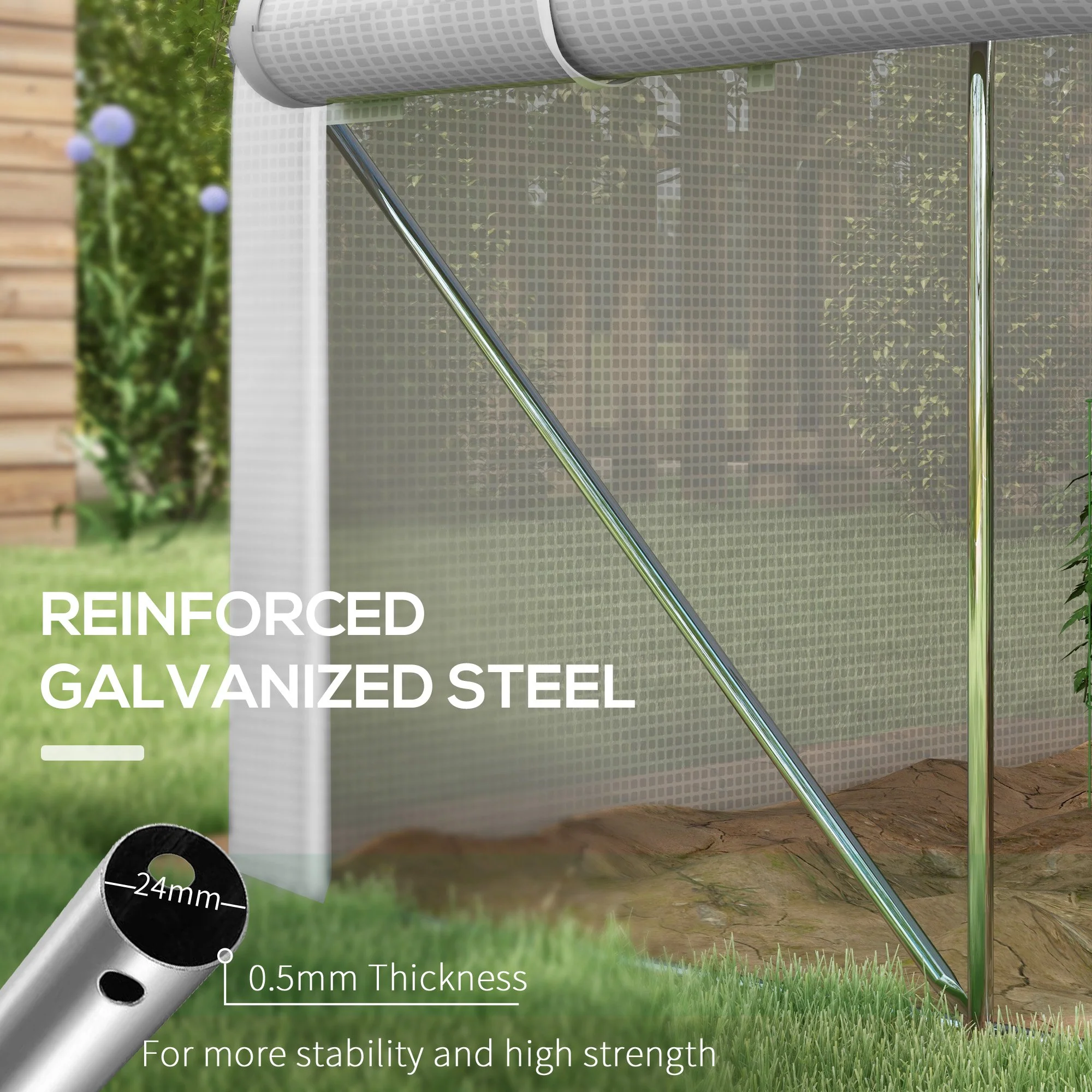 3 x 2m Walk-in Polytunnel Greenhouse w/ Zipped Roll Up Sidewalls & 6 Mesh Windows, White - Image 8