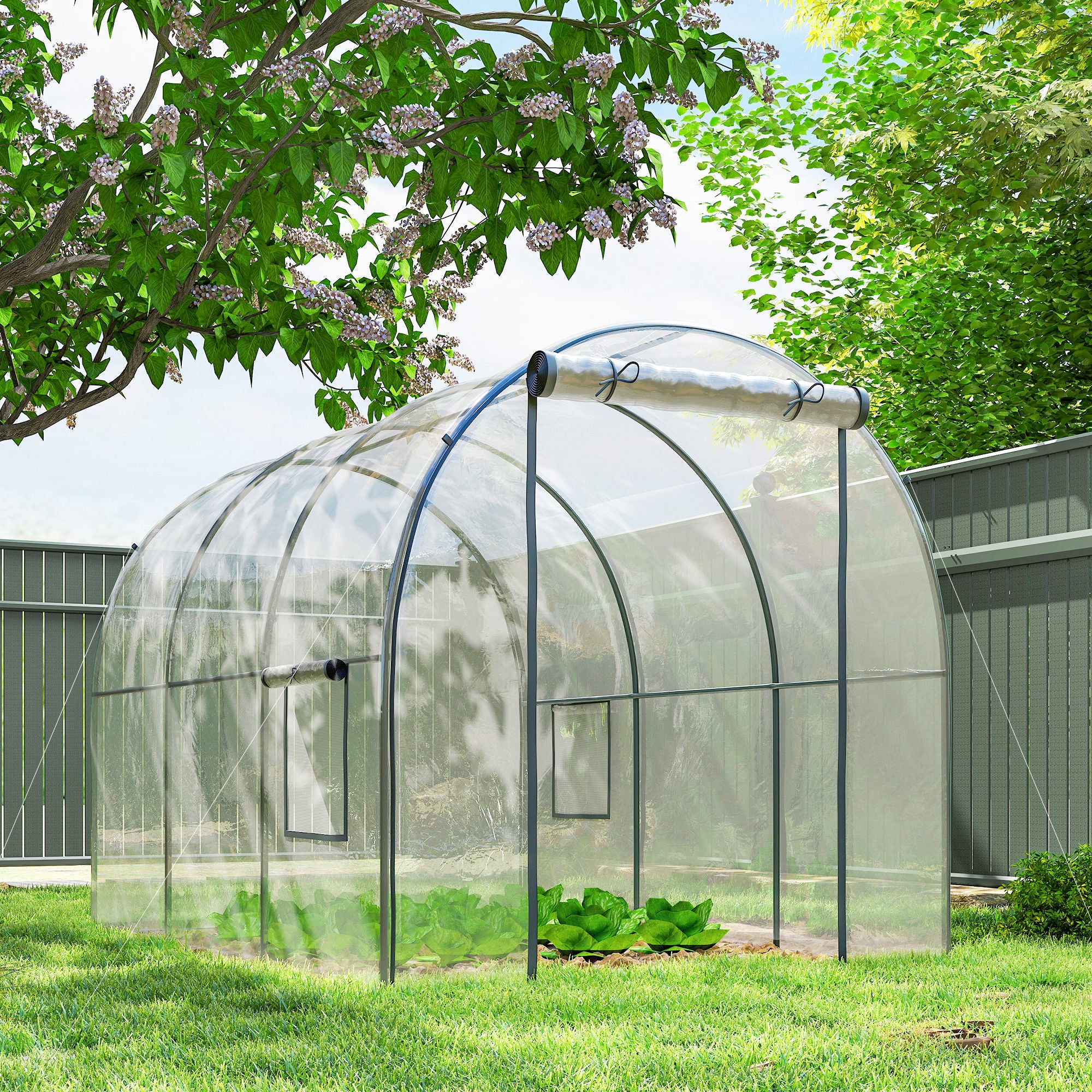 Polytunnel Greenhouse with Roll-up Door and Mesh Window, Walk-in Grow House Tent with Steel Frame, 3 x 2 x 2 m, Clear - Image 4