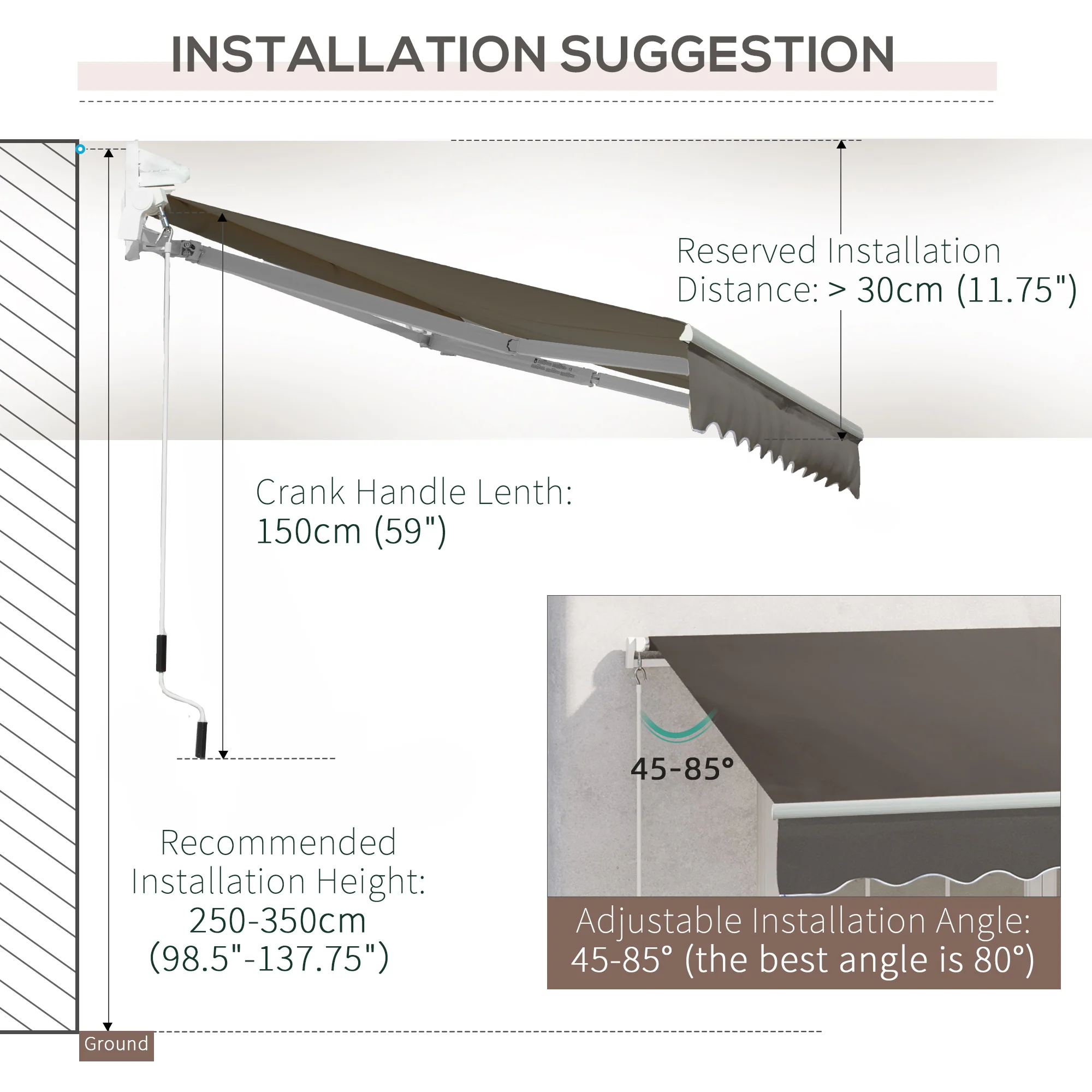 3 x 2m Retractable Manual Awning with w/ Crank Handle for Garden Patio, Grey - Image 10