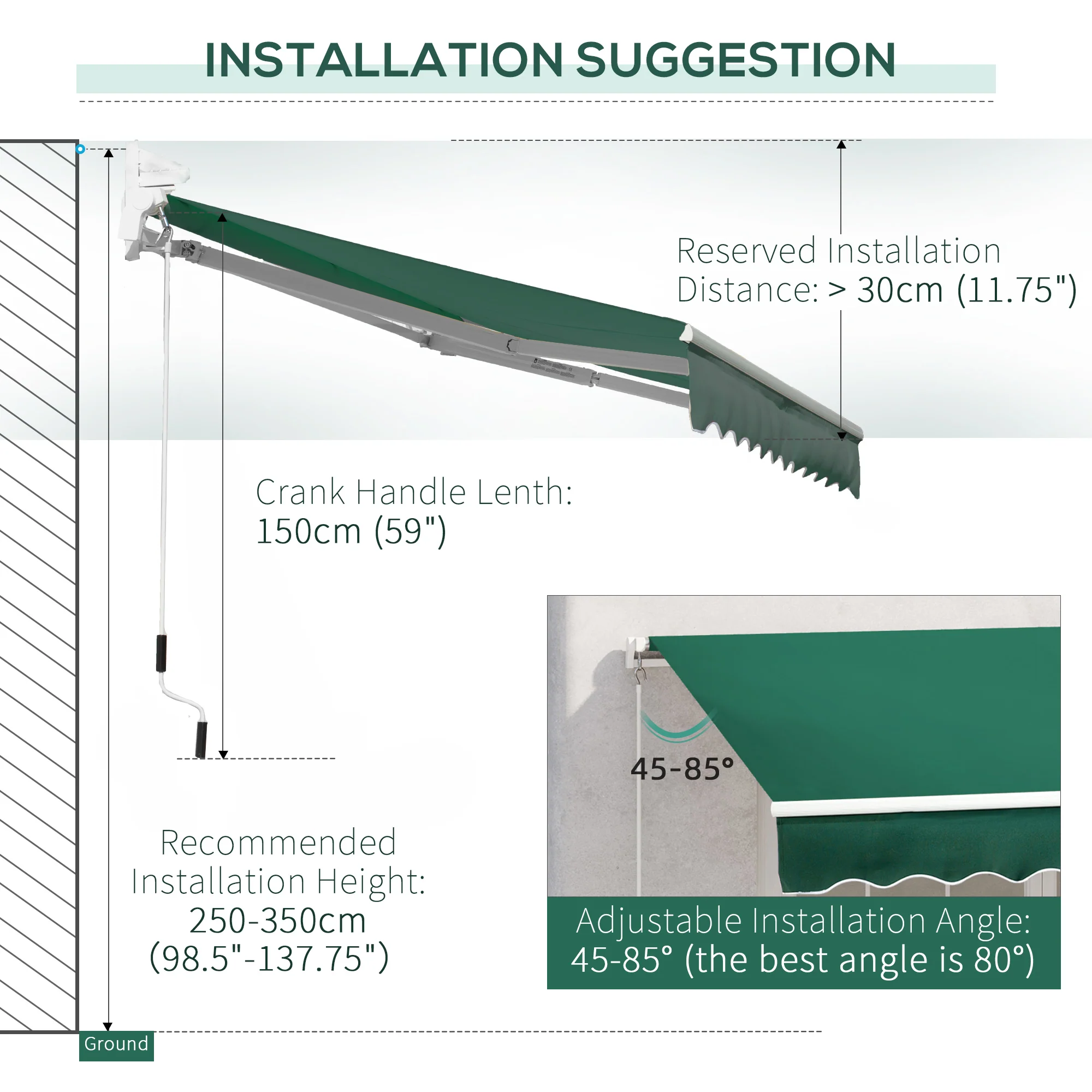 3 x 2m Retractable Manual Awning with w/ Crank Handle for Garden Patio, Green - Image 10