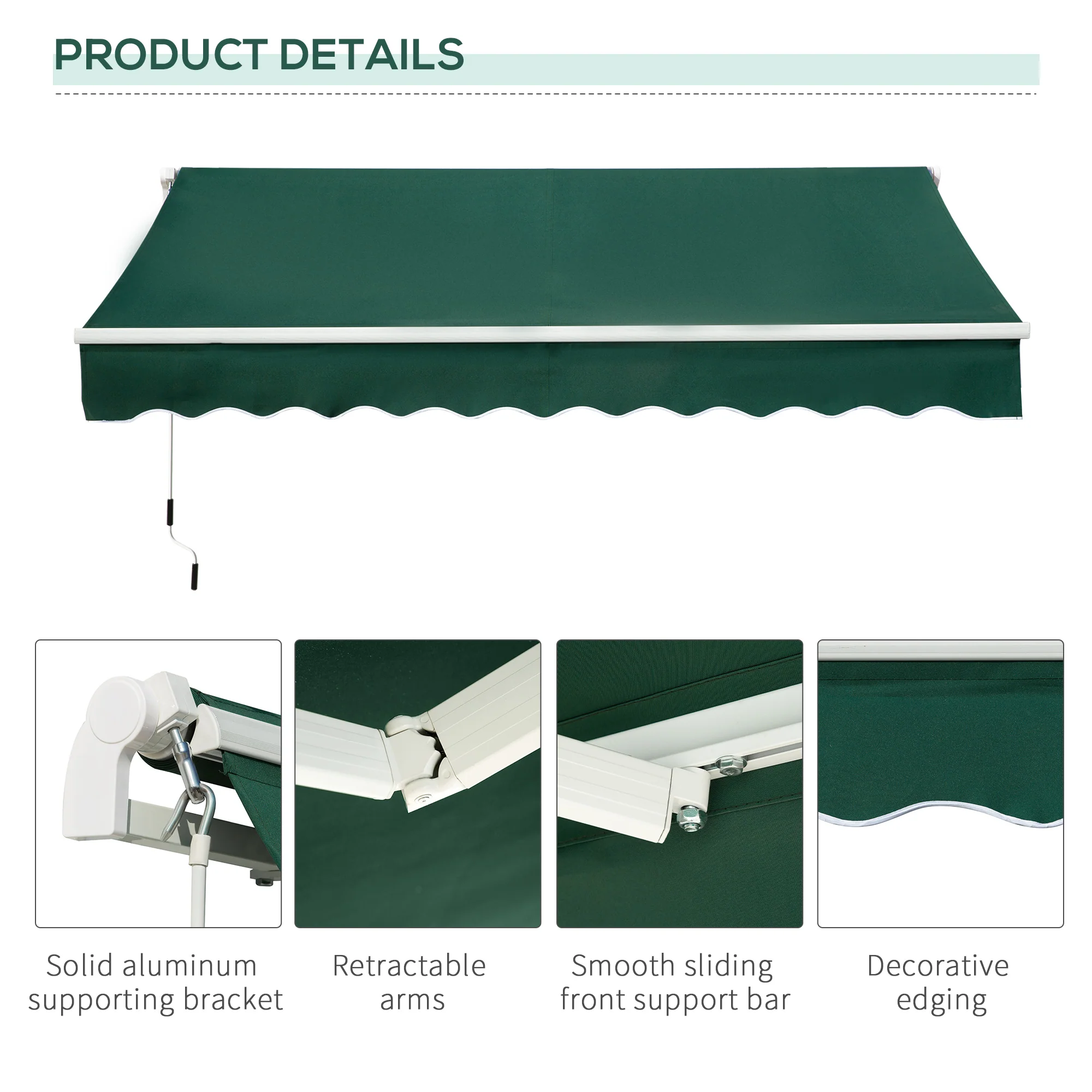 3 x 2m Retractable Manual Awning with w/ Crank Handle for Garden Patio, Green - Image 9