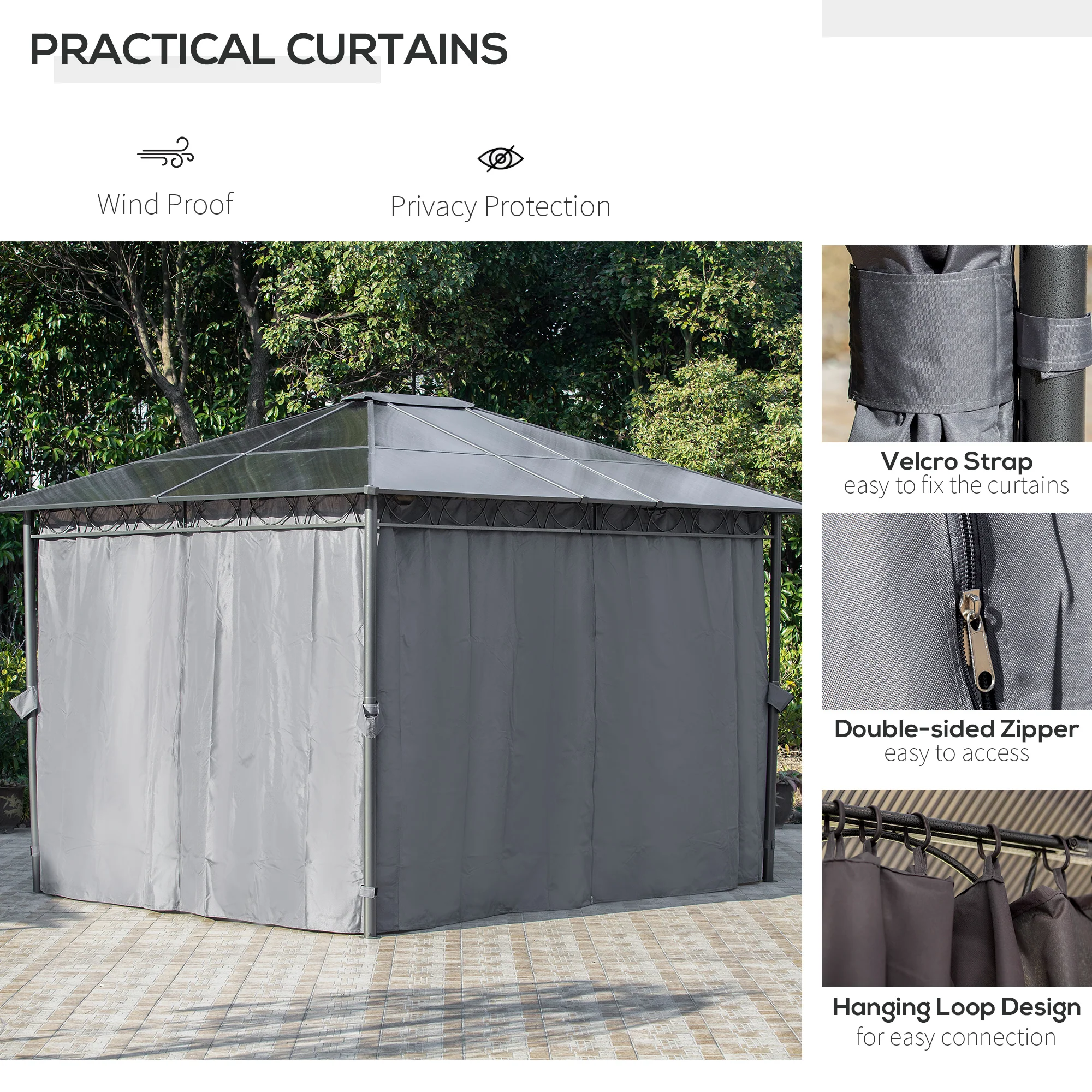 3 x 3.6m Hardtop Gazebo Canopy with Polycarbonate Roof, Permanent Pavilion Garden Gazebo with Curtains for Patio, Deck, Grey - Image 7