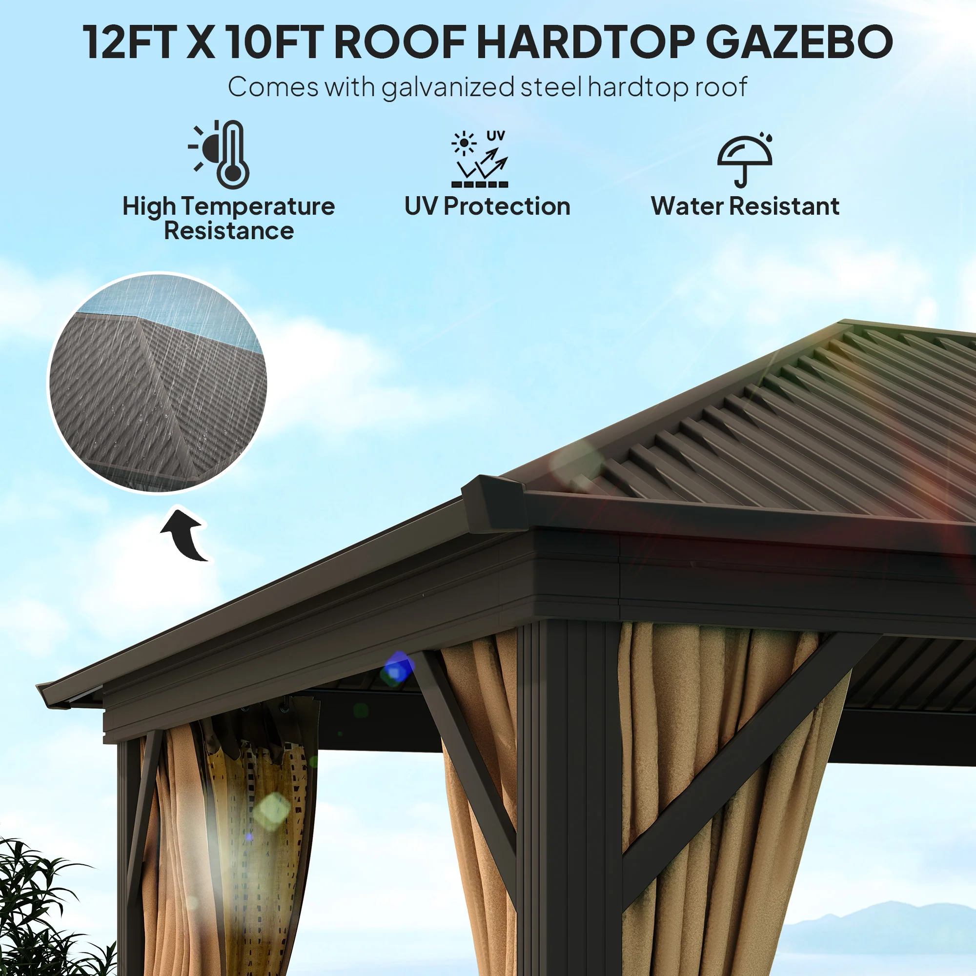 3 x 3.6m Aluminium Hardtop Gazebo Canopy with Metal Roof, Netting & Curtains, Brown - Image 6