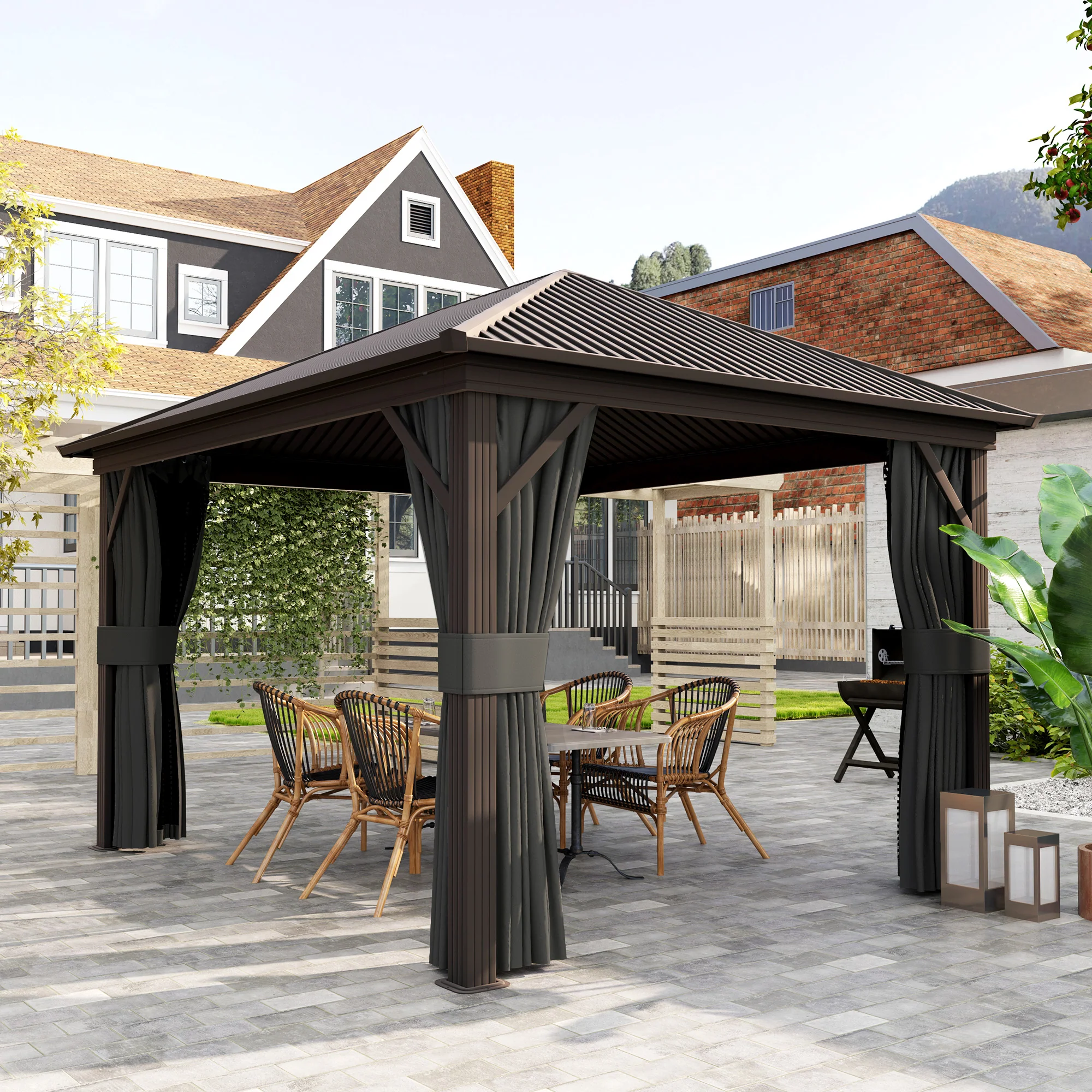 3 x 3.6m Aluminium Hardtop Gazebo Canopy with Metal Roof, Netting & Curtains, Dark Grey - Image 10