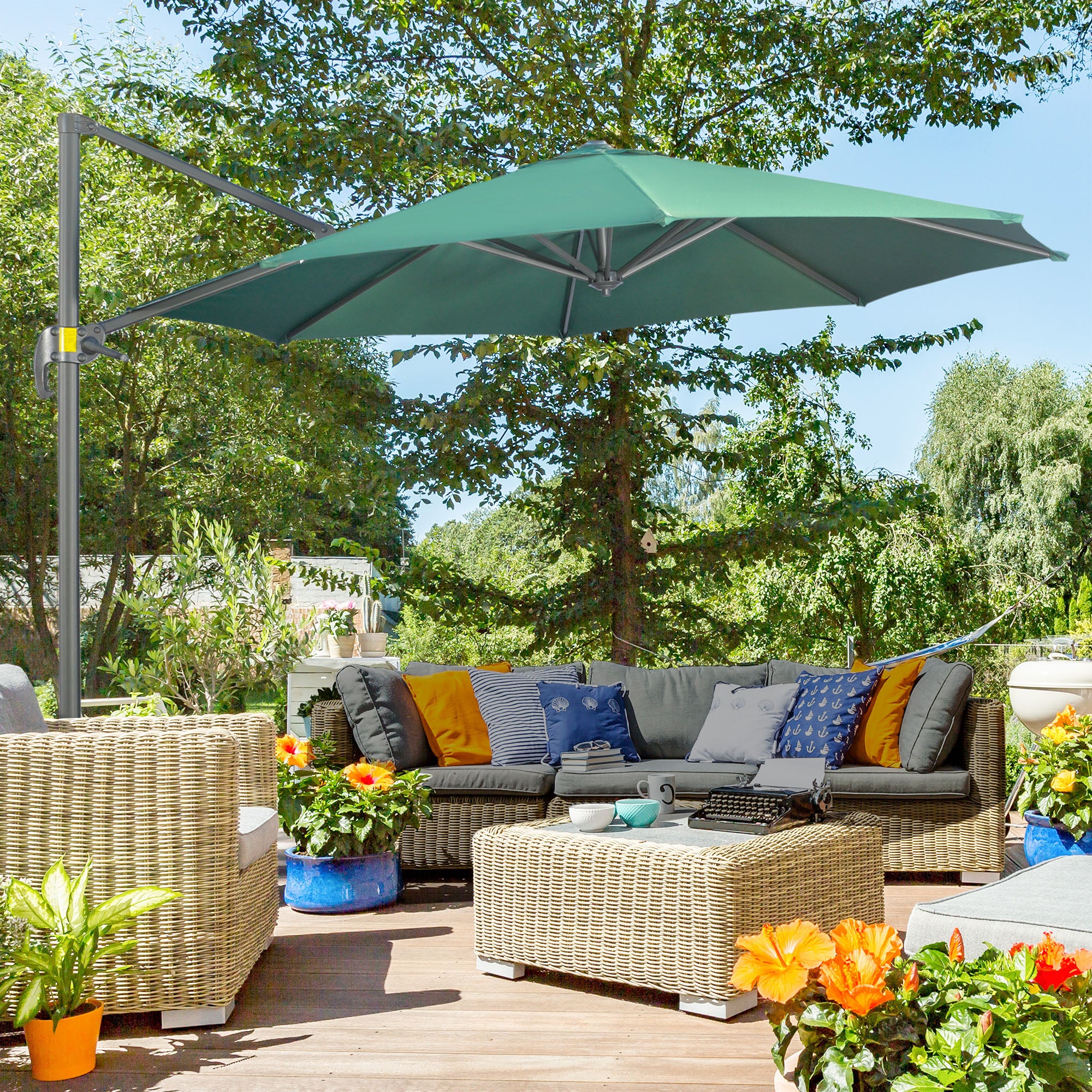 3m 360° Rotation Garden Cantilever Parasol with Tilt, Crank & Cross Base, Green - Image 3