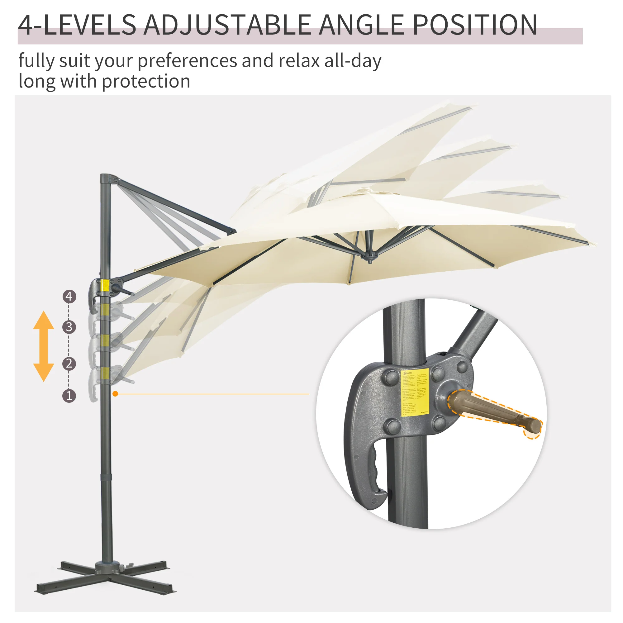 3m 360¡ã Rotation Garden Cantilever Parasol with Tilt, Crank & Cross Base, Cream White - Image 7