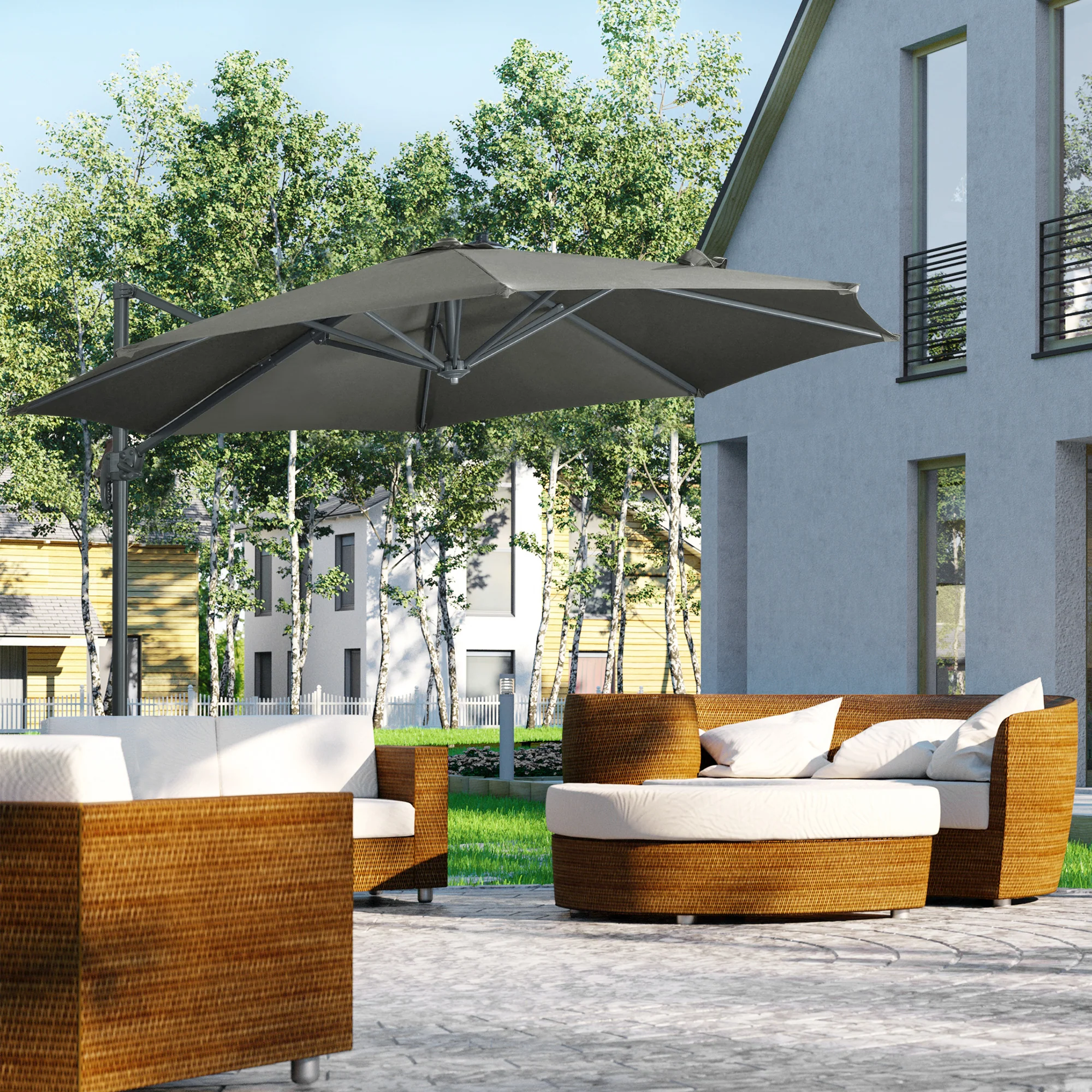 3m 360° Rotation Garden Cantilever Parasol with Tilt, Crank & Cross Base, Grey - Image 3