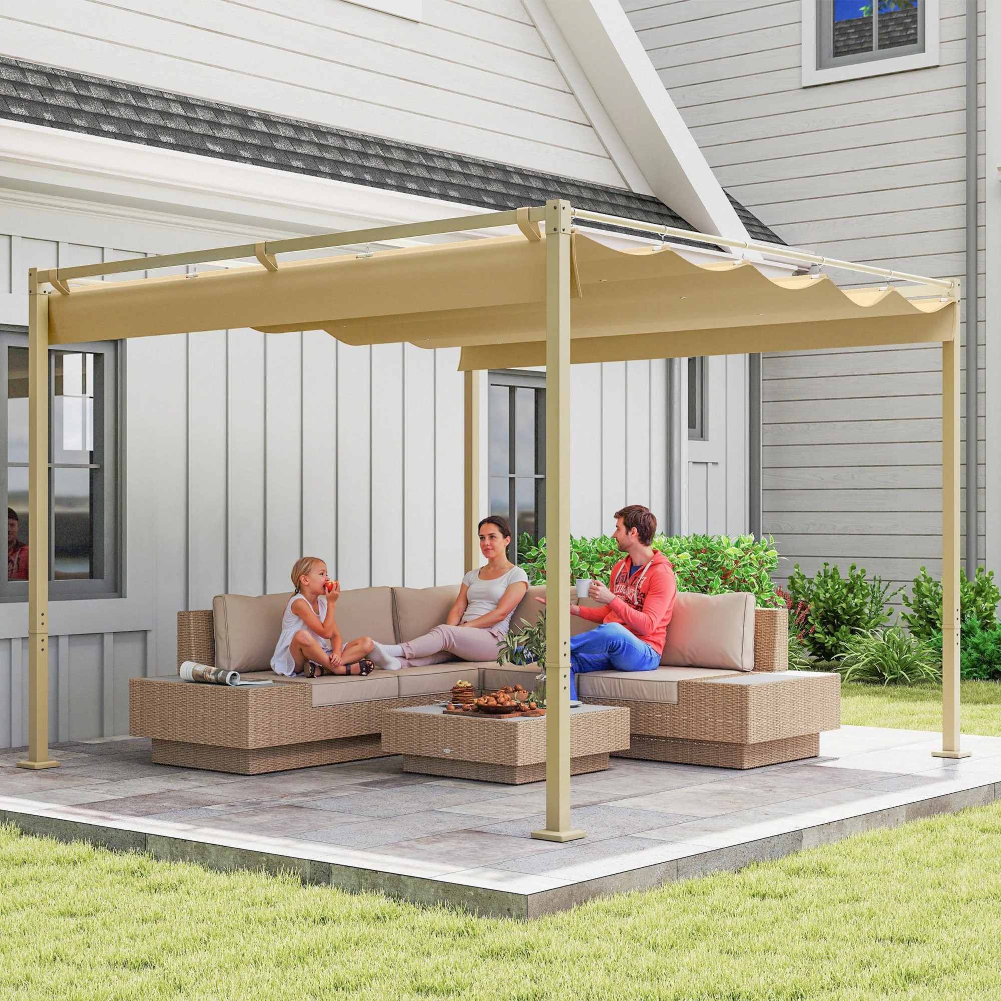 3 x 3(m) Garden Pergola with Retractable Roof and Magnetic Fixture, Outdoor Gazebo Pergola Kit Sun Shade Canopy, UPF30+, Khaki - Image 11