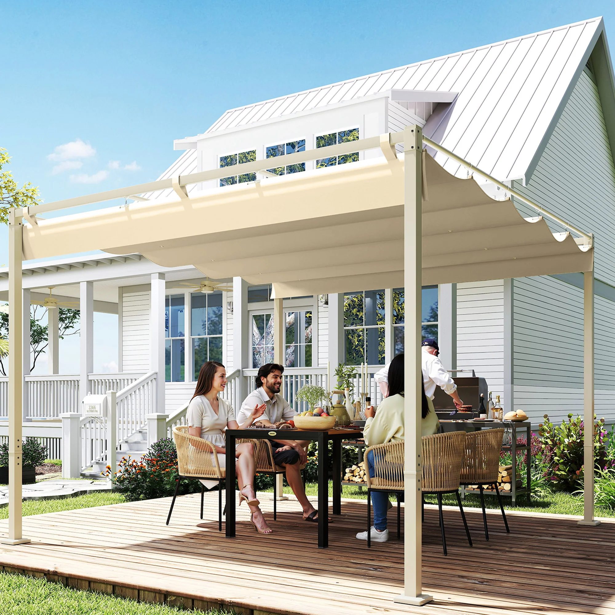 3 x 3(m) Garden Pergola with Retractable Roof and Magnetic Fixture, Outdoor Gazebo Pergola Kit Sun Shade Canopy, UPF30+, Khaki - Image 4
