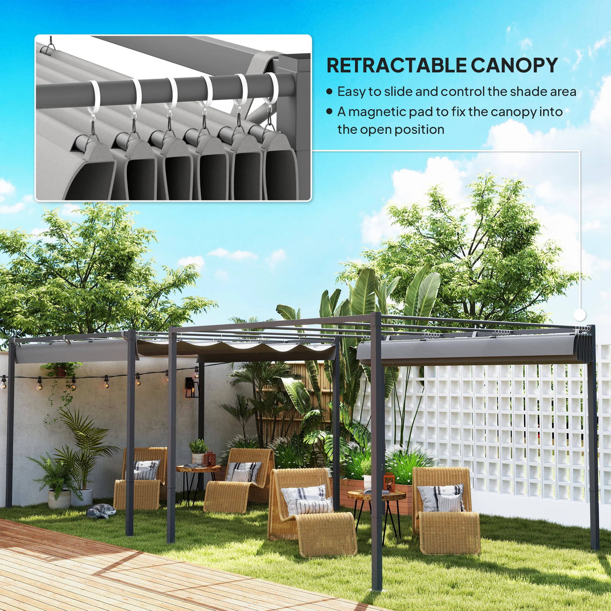 3 x 3(m) Garden Pergola with Retractable Roof and Magnetic Fixture, Outdoor Gazebo Pergola Kit Sun Shade Canopy, UPF30+, Grey - Image 6
