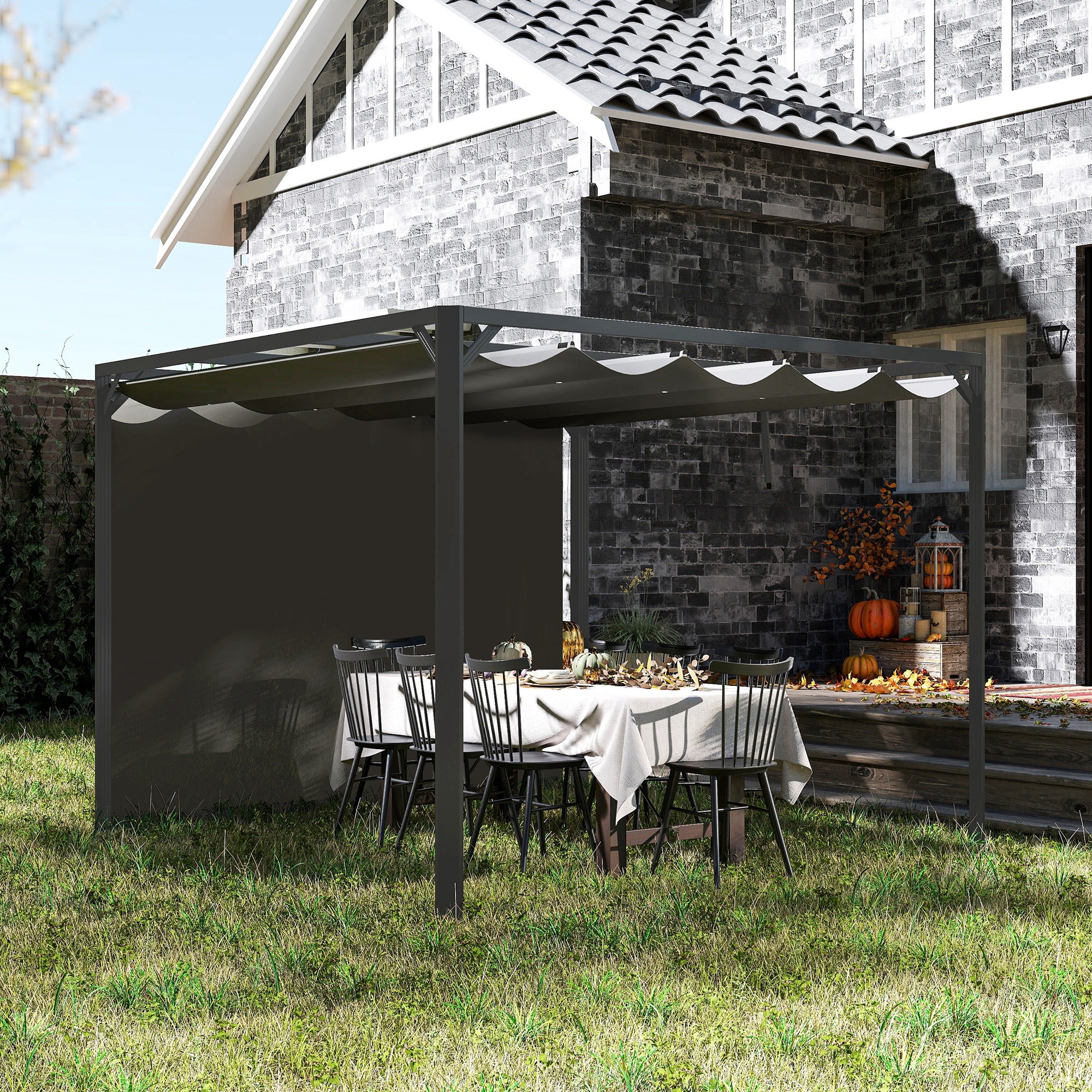 3 x 3m Garden Pergola with Retractable Canopy & Roller Shade, Aluminium Pergola Kit, Dark Grey - Image 3