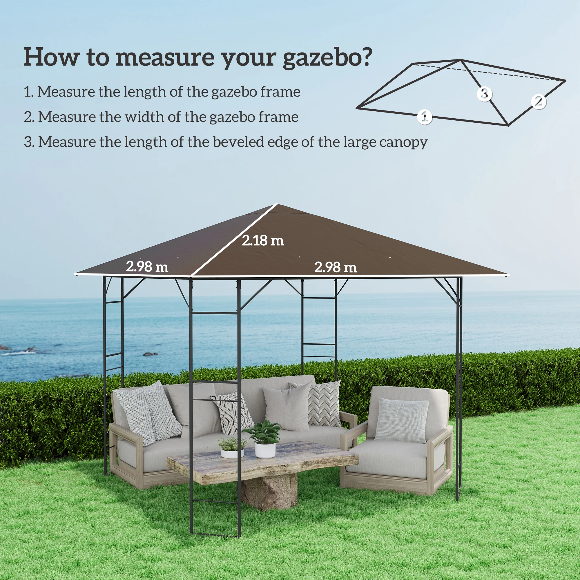 3 x 3m Waterproof Gazebo Canopy Replacement Cover with Drain Holes, 370g/㎡, Brown - Image 5