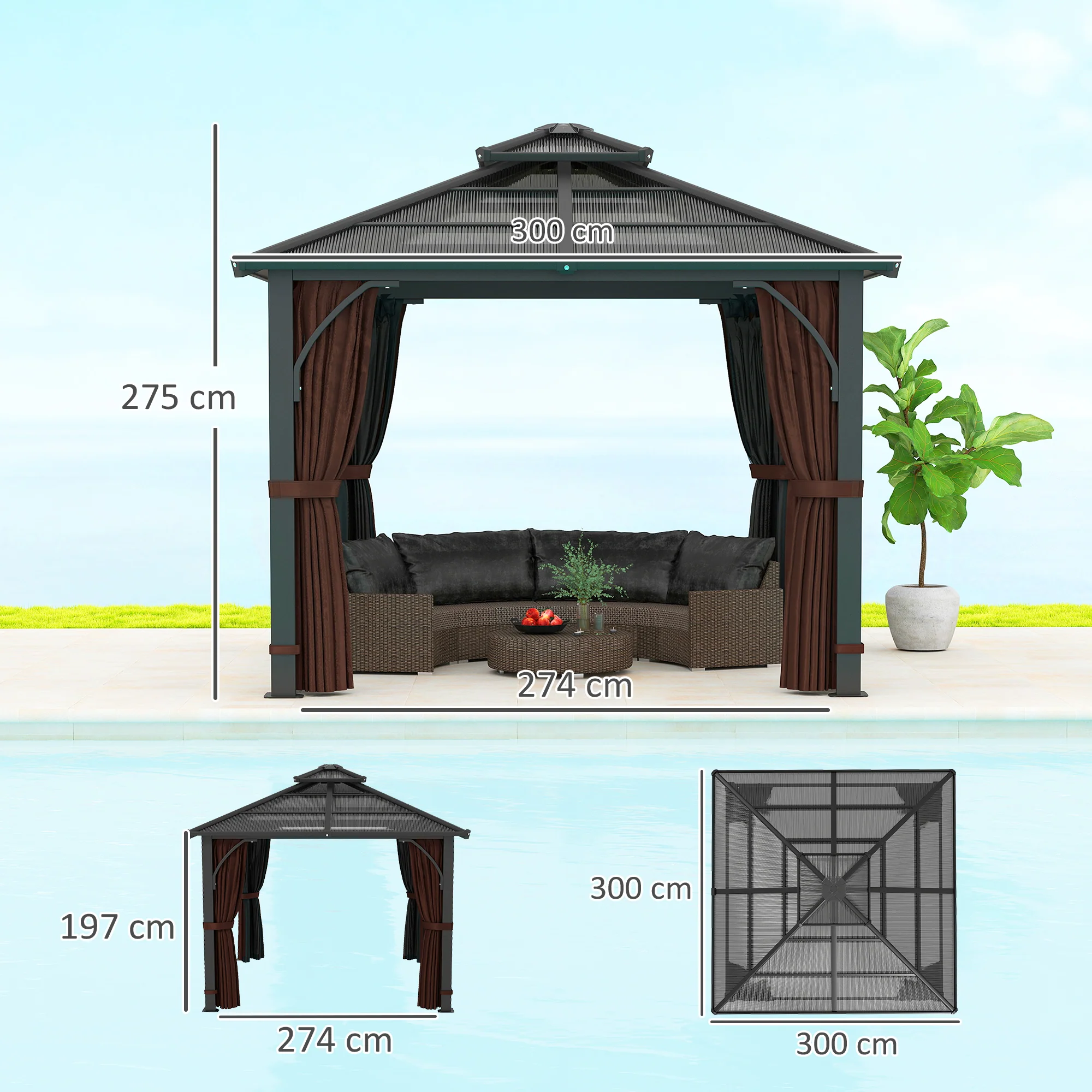 3 x 3m Hardtop Gazebo with Double Polycarbonate Roof, Netting and Curtains, Brown - Image 5