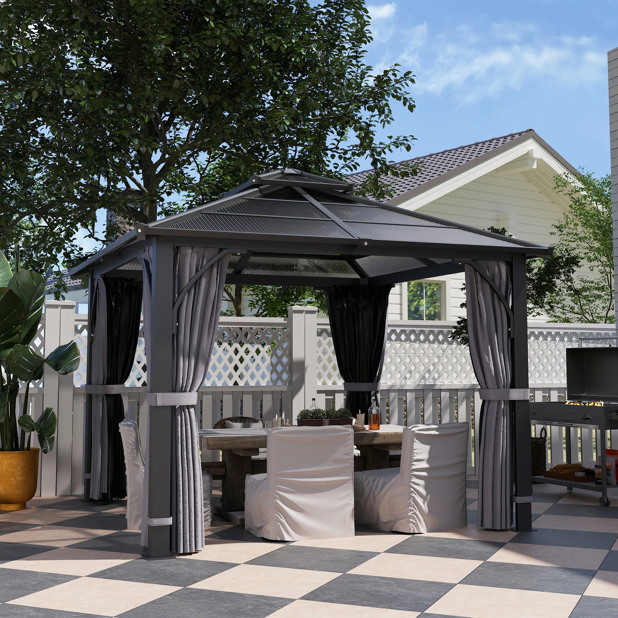 3 x 3m Hardtop Gazebo with Double Polycarbonate Roof, Netting and Curtains, Dark Grey - Image 3