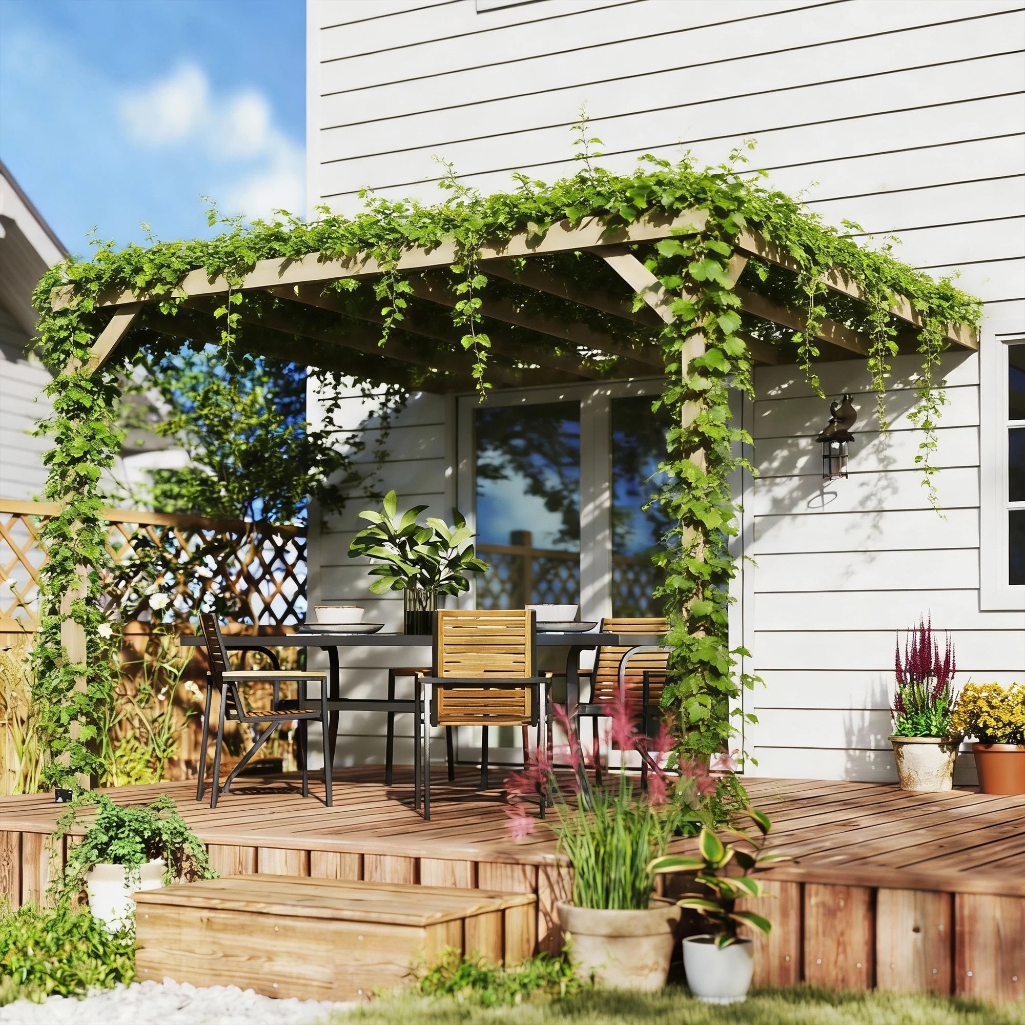 3 x 3 m Lean-To Wooden Pergola Kit, Decorative Garden Gazebo with Stable Structure and Concrete Anchors, Grape Trellis for Climbing Vines, Flowers, Garden Patio, Light Brown - Image 11