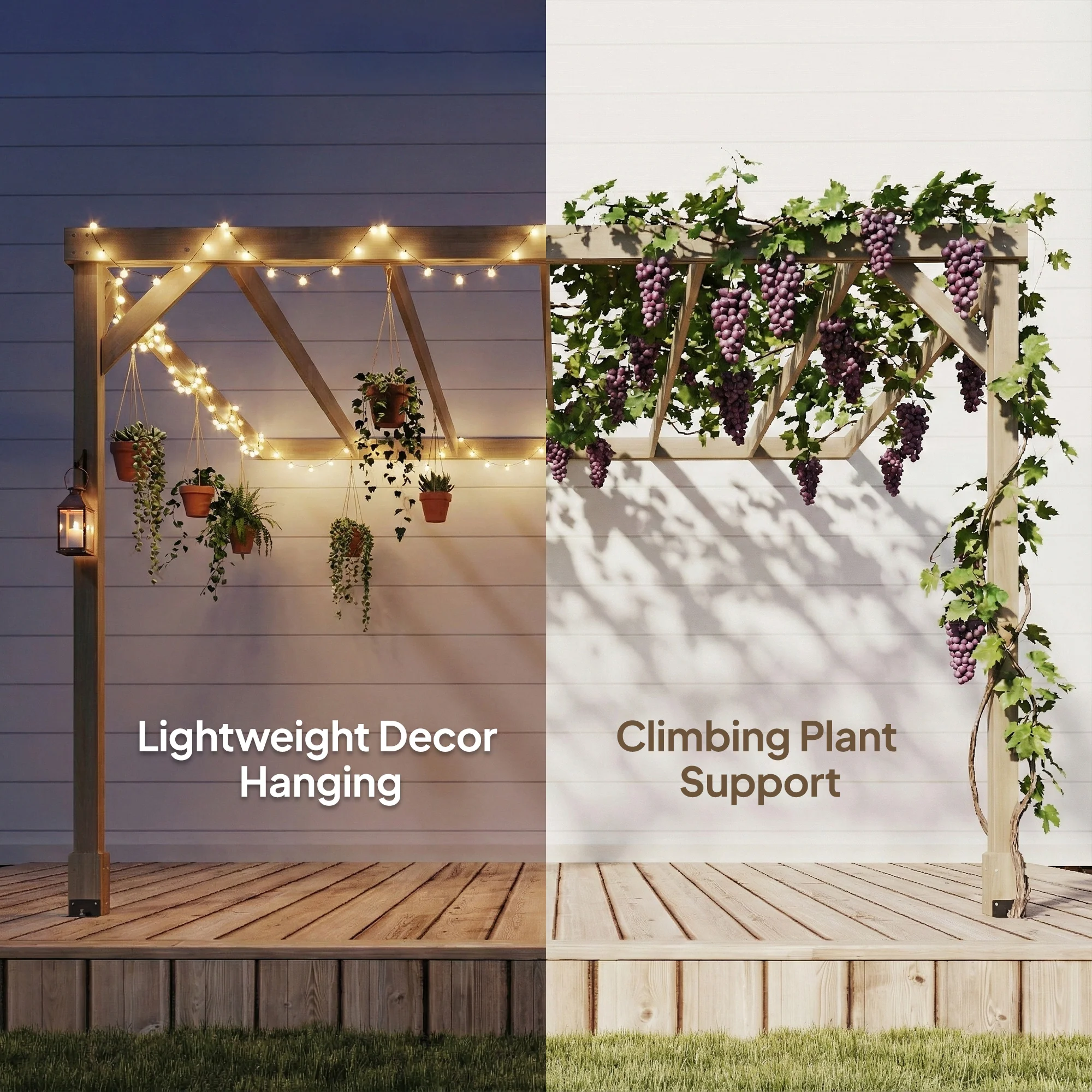 3 x 3 m Lean-To Wooden Pergola Kit, Decorative Garden Gazebo with Stable Structure and Concrete Anchors, Grape Trellis for Climbing Vines, Flowers, Garden Patio, Light Brown - Image 9