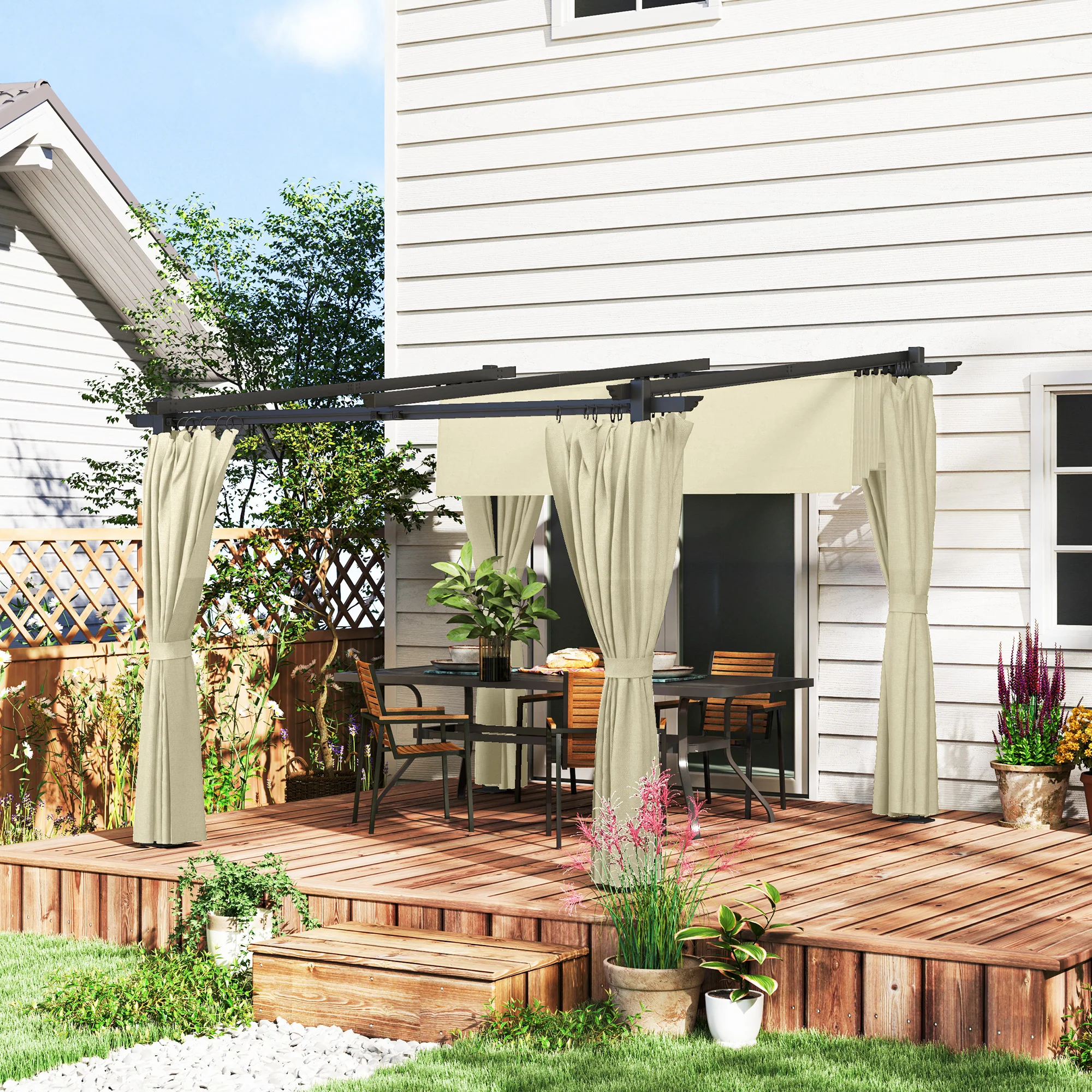 3 x 3m Metal Pergola with Retractable Roof & Sidewalls, Garden Gazebo Sun Shade Shelter, Beige
