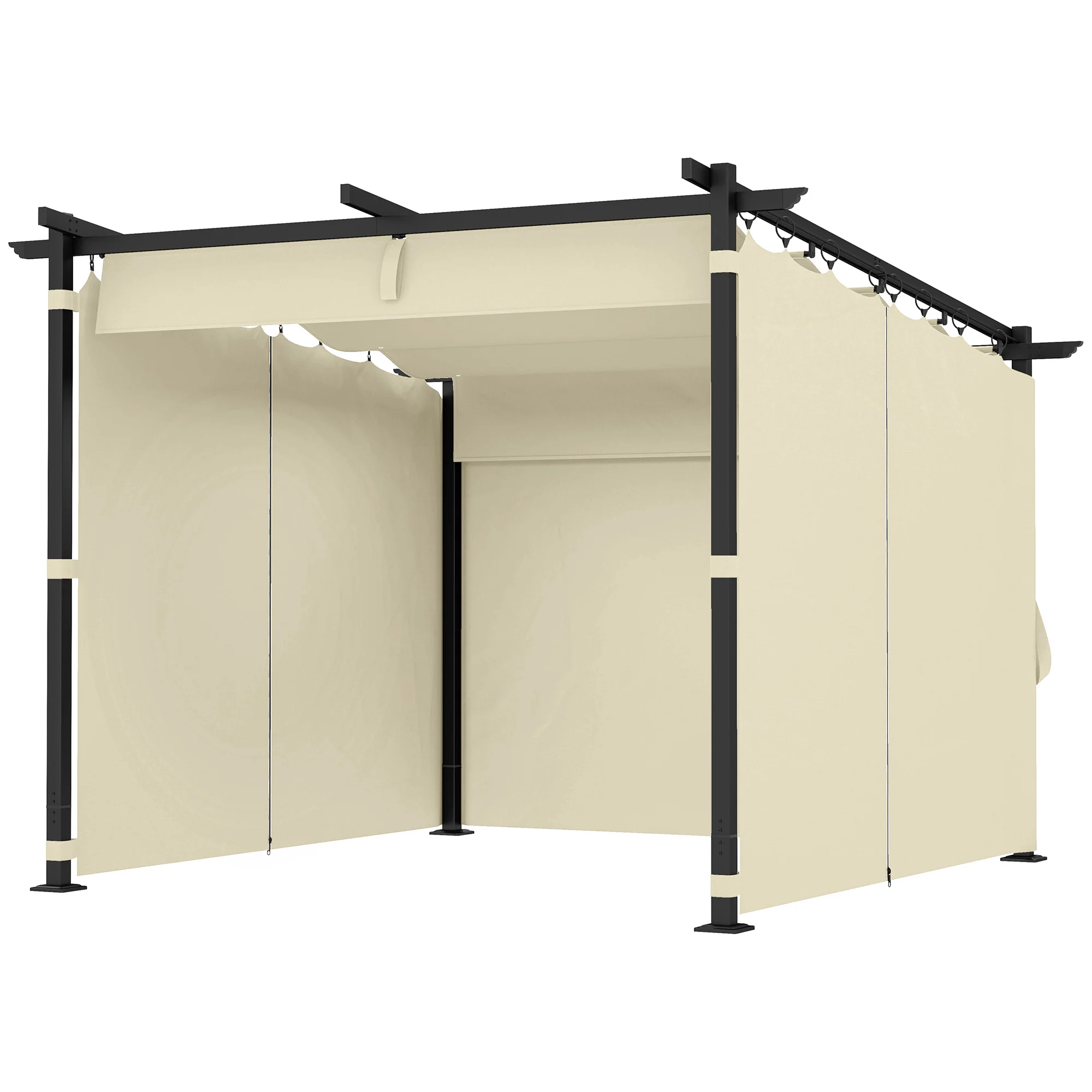 3 x 3m Metal Pergola with Retractable Roof & Sidewalls, Garden Gazebo Sun Shade Shelter, Beige - Image 2