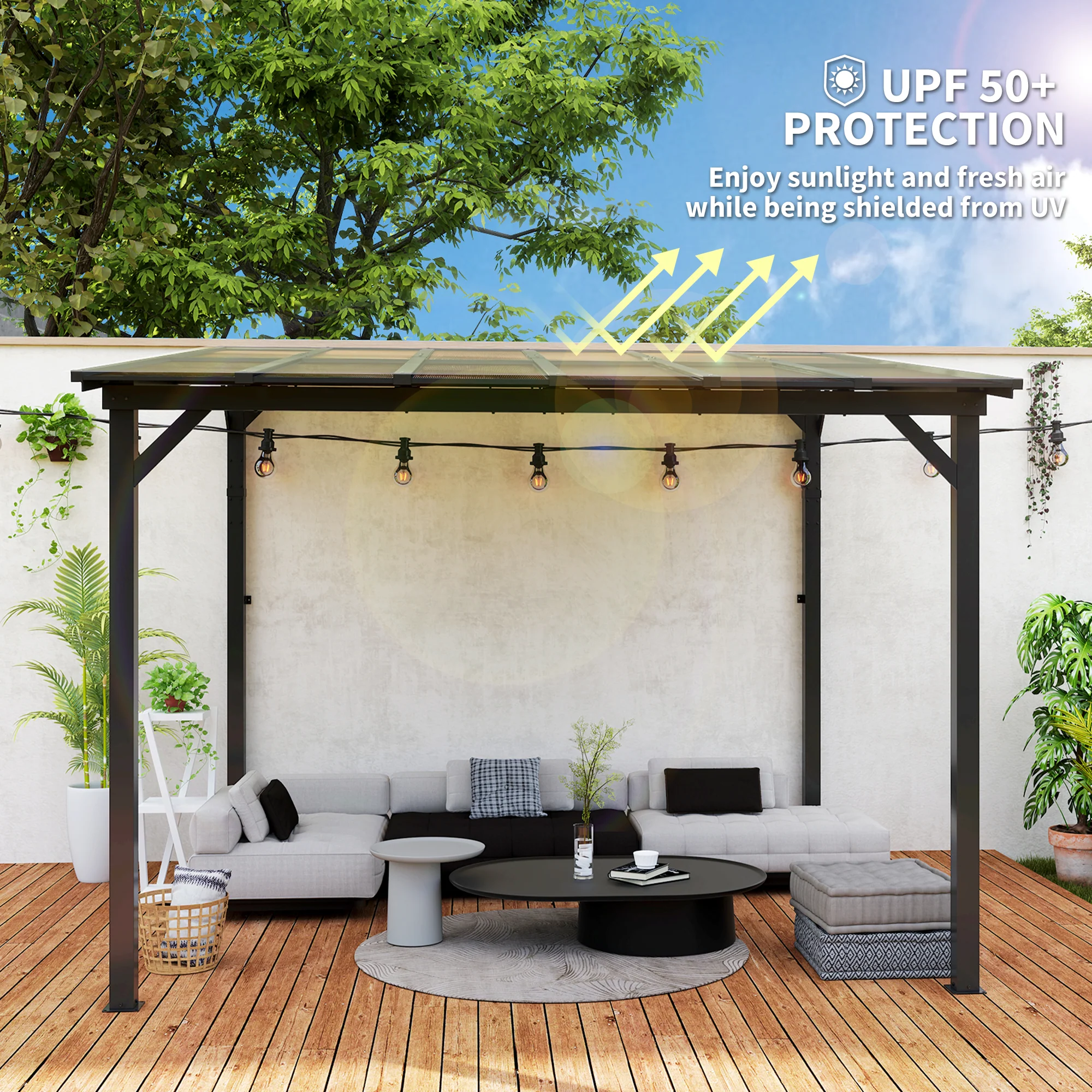 3 x 3m Metal Pergola with UPF 50+ and Waterproof Polycarbonate Roof, Dark Grey - Image 6