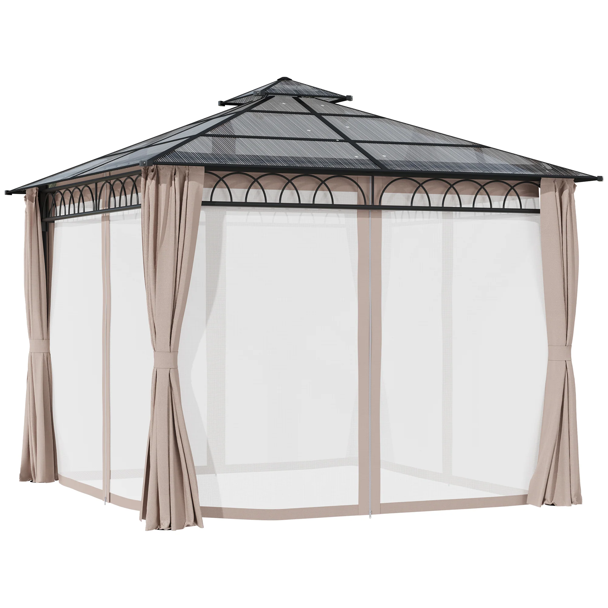 3 x 3 (m) Outdoor Polycarbonate Gazebo, Double Roof Hard Top Gazebo with Galvanised Steel Frame, Nettings & Curtains for Garden, Lawn, Patio and Deck, Khaki - Image 2