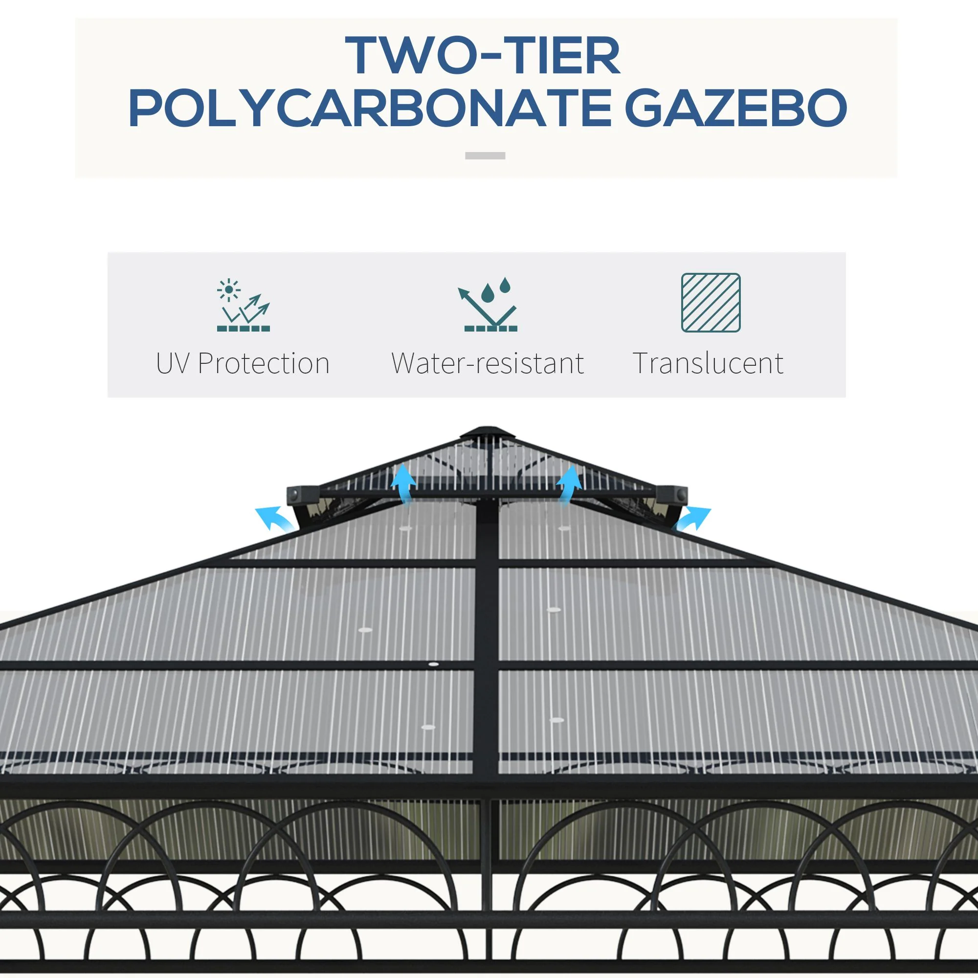 3 x 3 (m) Outdoor Polycarbonate Gazebo, Double Roof Hard Top Gazebo with Galvanised Steel Frame, Nettings & Curtains for Garden, Lawn, Patio and Deck, Khaki - Image 6