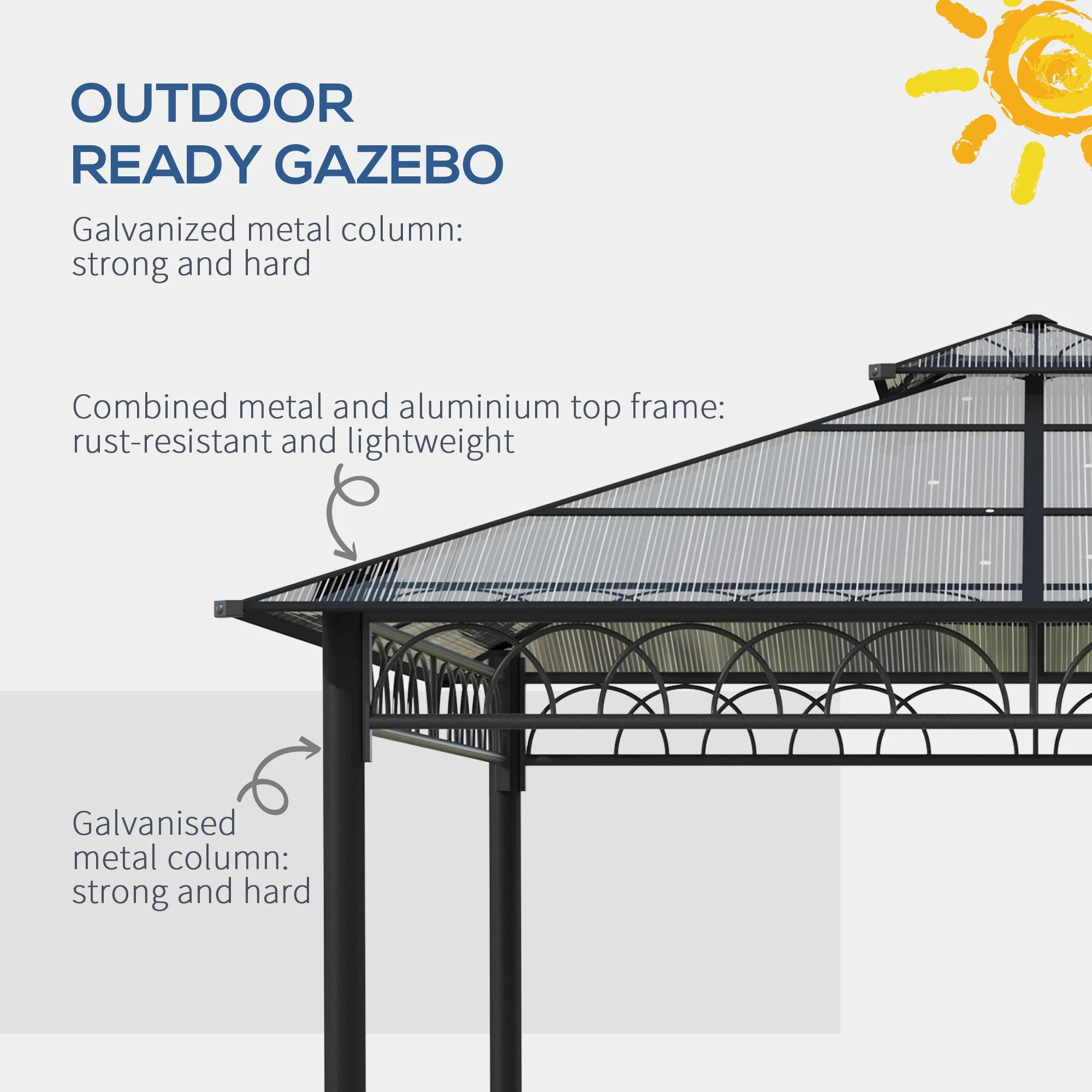 3 x 3 (m) Outdoor Polycarbonate Gazebo, Double Roof Hard Top Gazebo with Galvanised Steel Frame, Nettings & Curtains for Garden, Lawn, Patio and Deck, Khaki - Image 8
