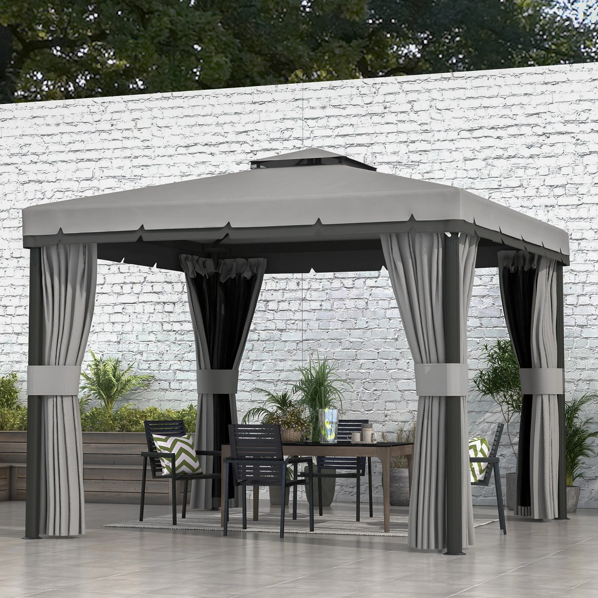 3 x 3m Patio Gazebo Canopy with 2 Tier Water Repellent Roof, Netting & Curtains, Light Grey - Image 3