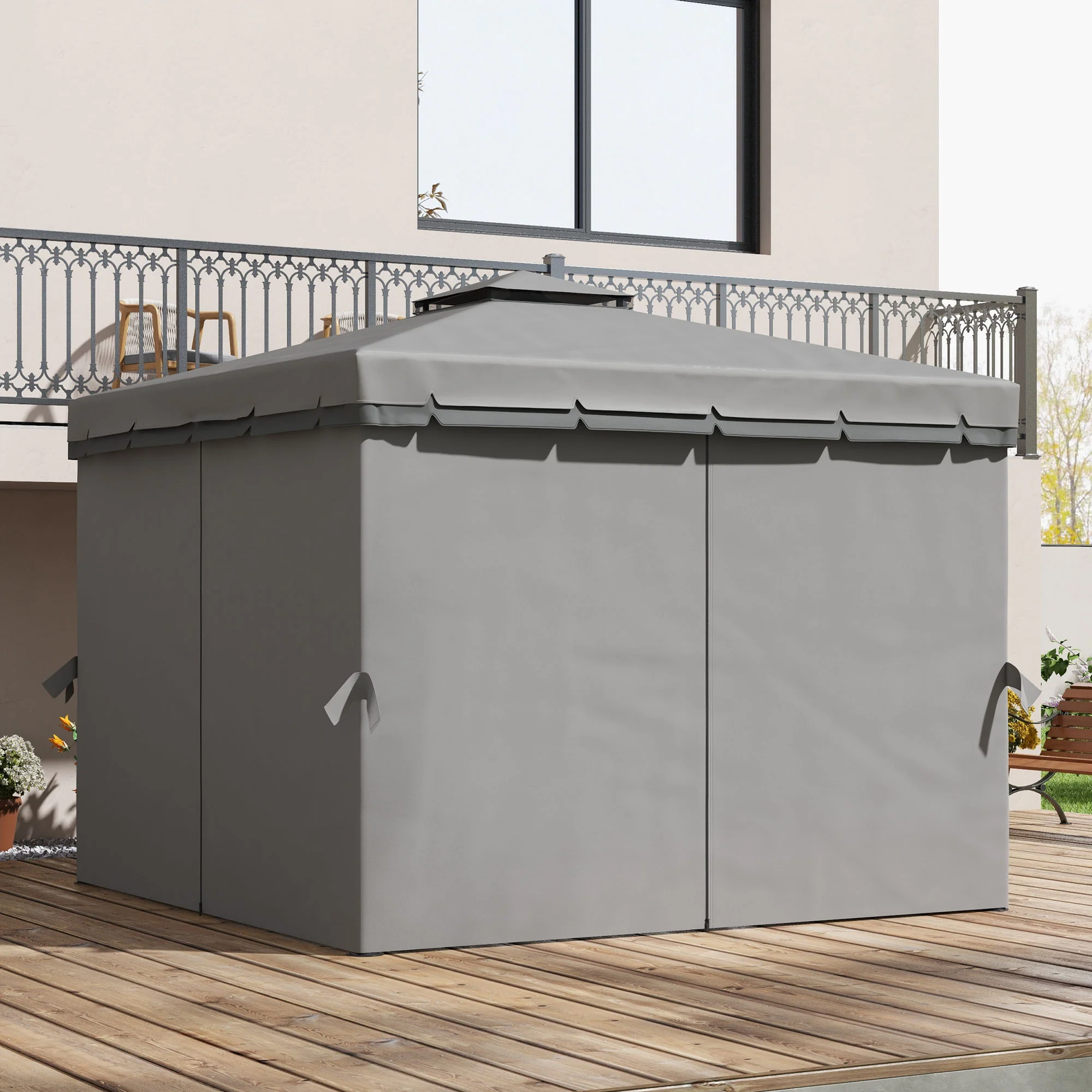 3 x 3m Patio Gazebo Canopy with 2 Tier Water Repellent Roof, Netting & Curtains, Light Grey - Image 4