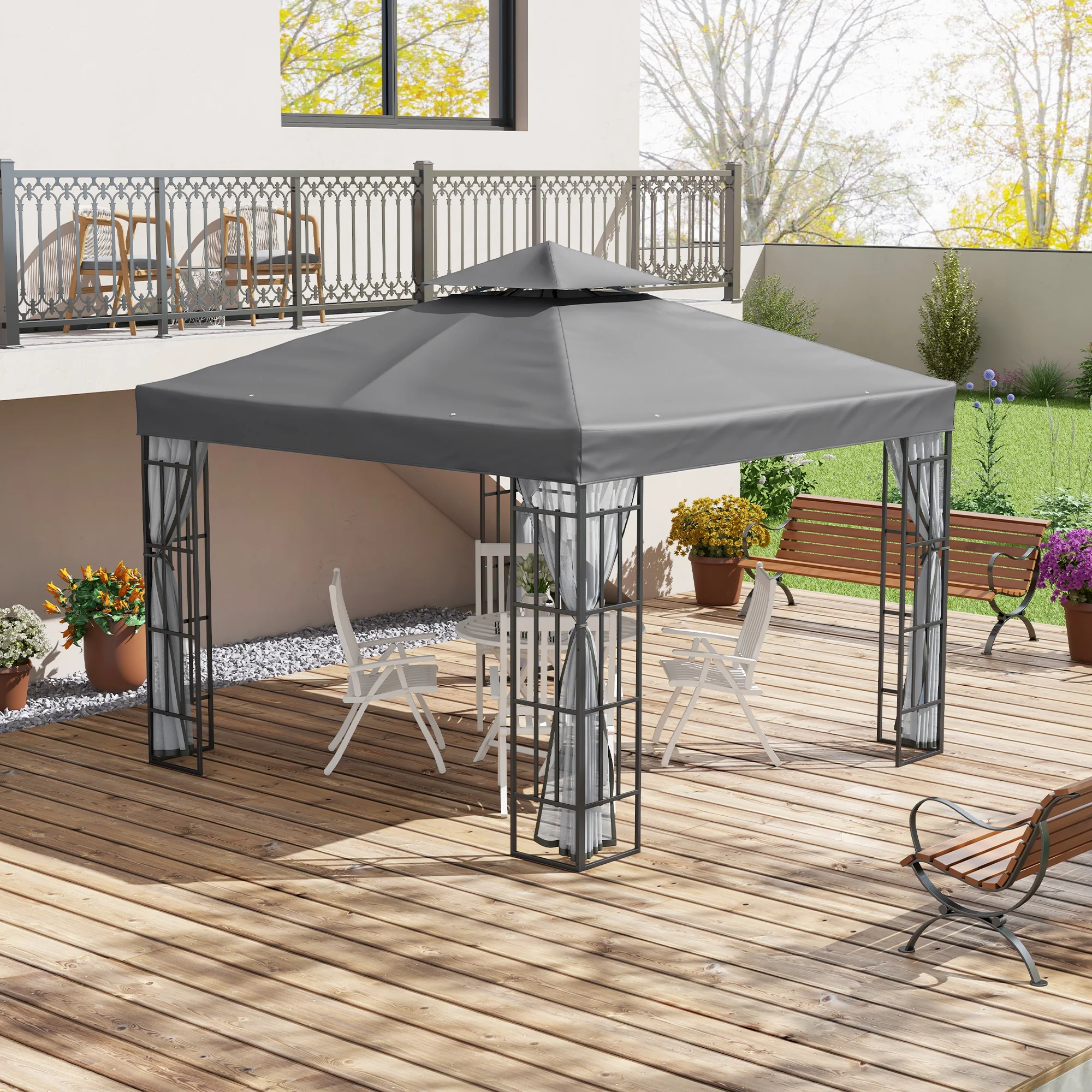 3 x 3(m) Patio Gazebo Canopy Garden Pavilion Tent Shelter with 2 Tier Roof and Mosquito Netting, Steel Frame, Grey - Image 3