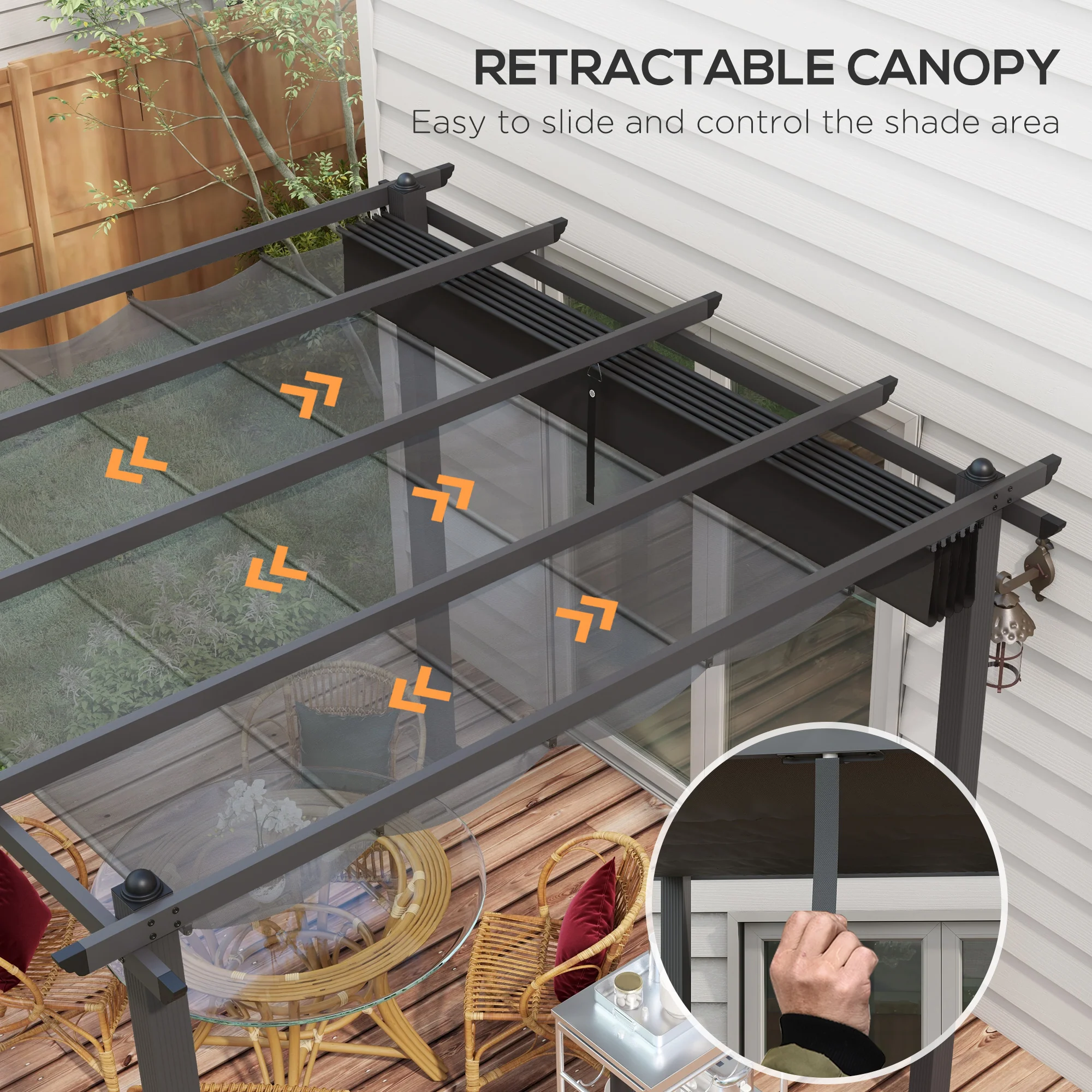 3 x 3m Pergola with Retractable Roof Canopy & Aluminium Frame for Grill, Patio, Deck, Dark Grey - Image 6