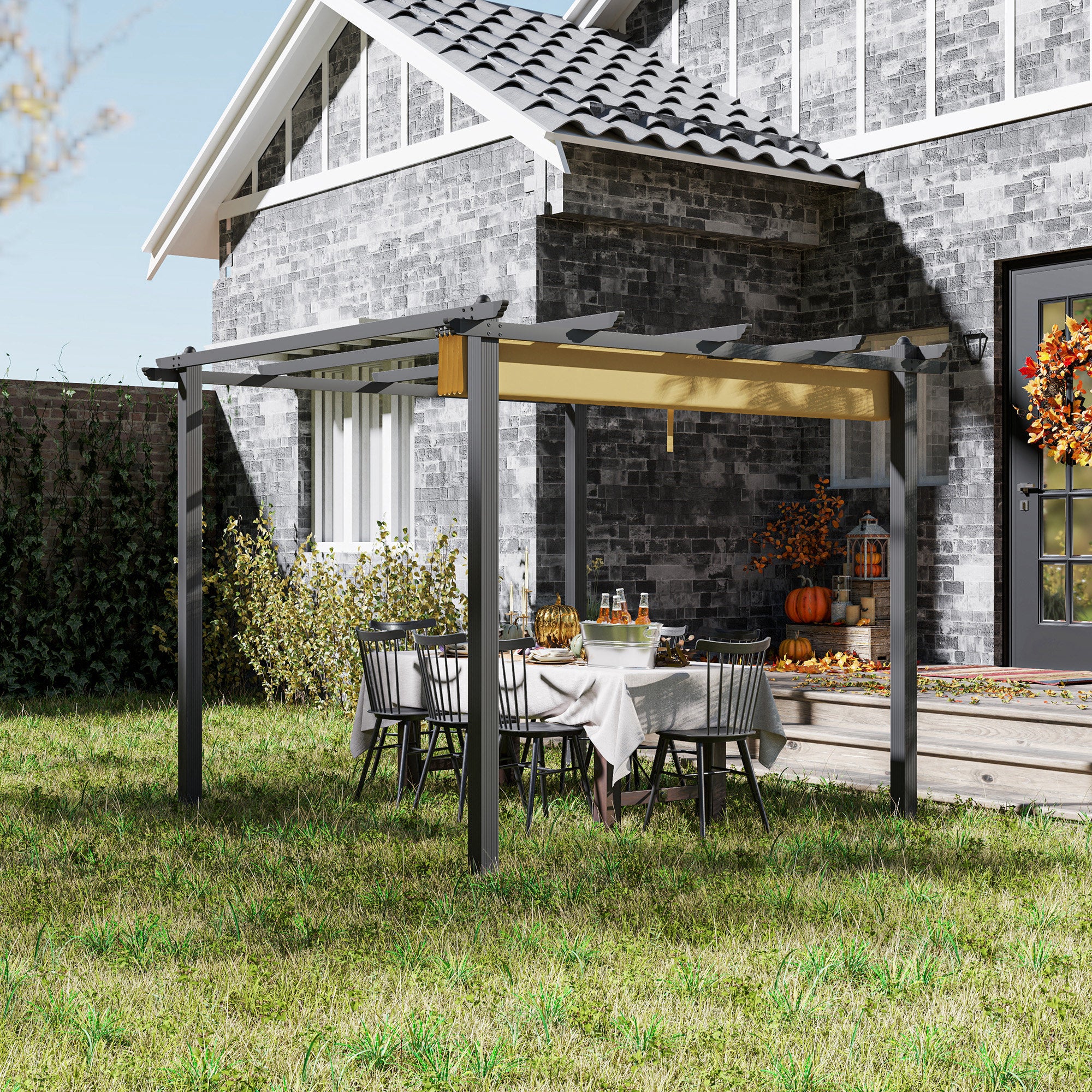 3 x 3m Pergola with Retractable Roof Canopy & Aluminium Frame for Grill, Patio, Deck, Khaki - Image 3