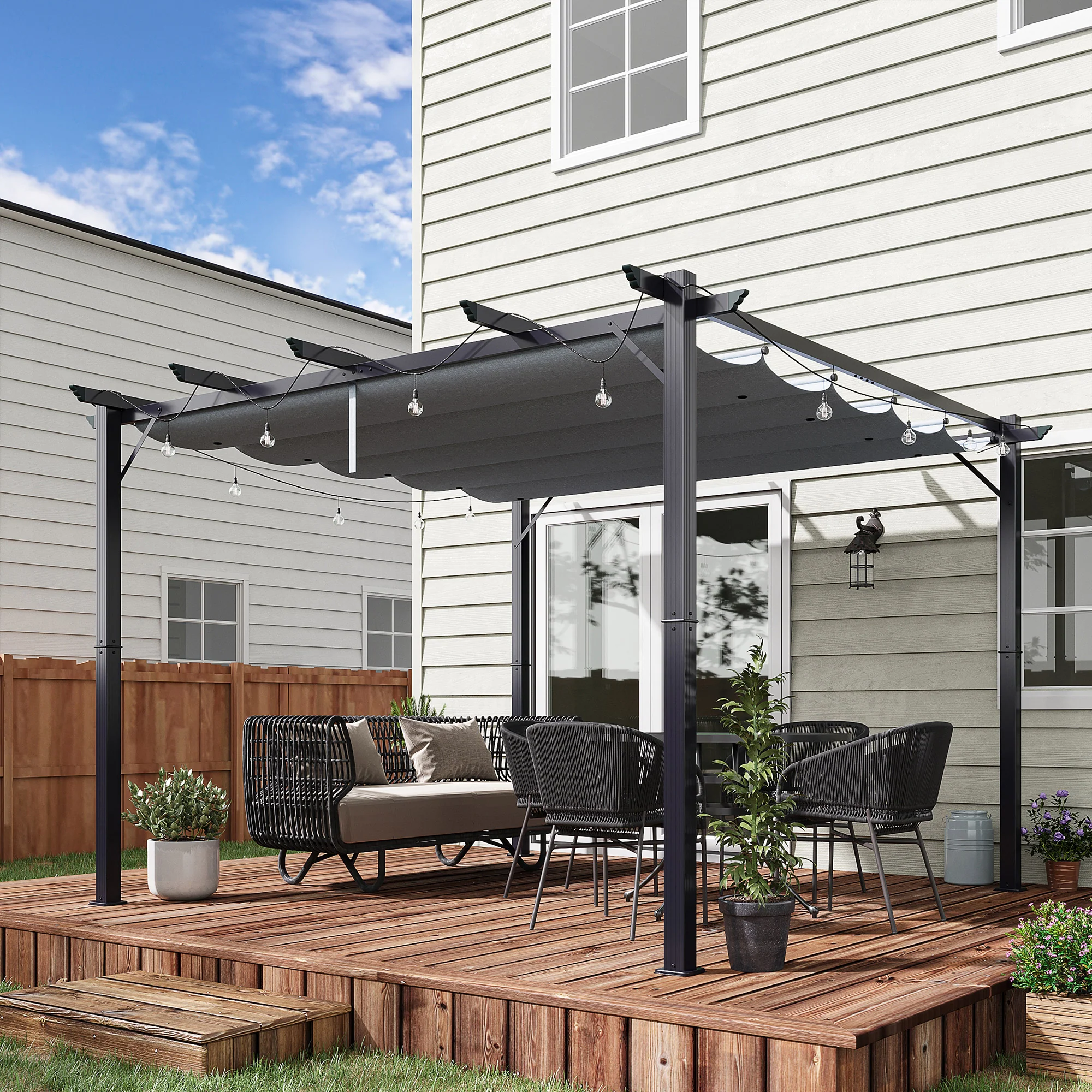 3 x 3(m) Pergola with Retractable Roof Canopy for Grill, Patio, Dark Grey - Image 4