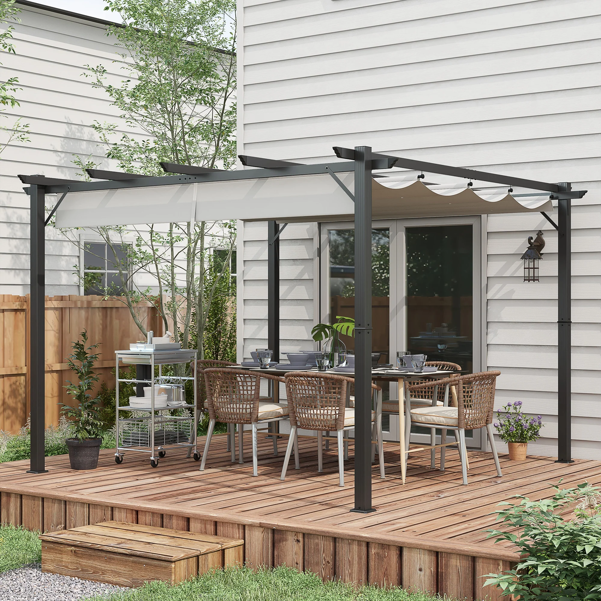 3 x 3(m) Pergola with Retractable Roof Canopy, Aluminium Frame Garden Gazebo Outdoor Sun Shade Shelter for Grill, Patio, Light Grey - Image 4