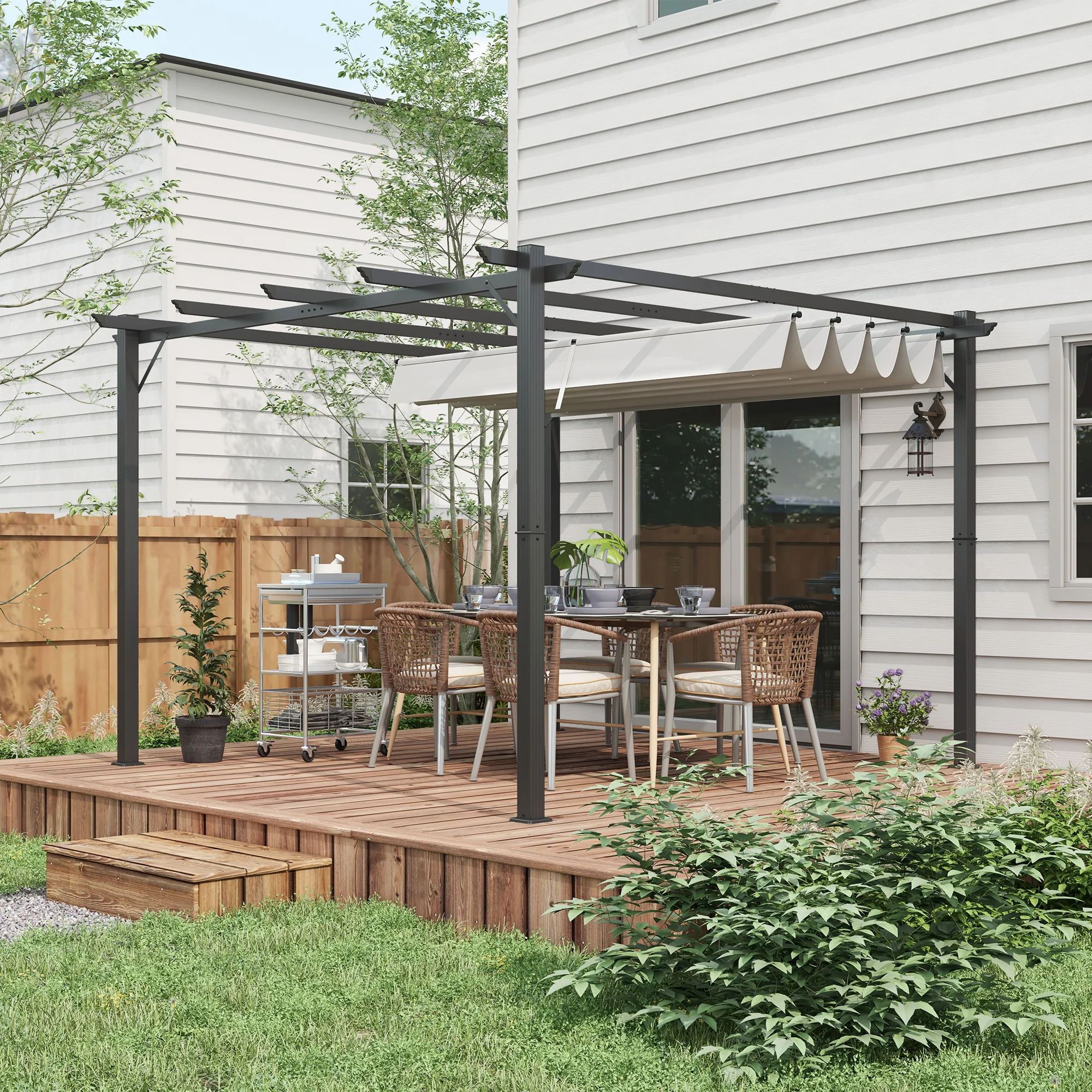 3 x 3(m) Pergola with Retractable Roof Canopy, Aluminium Frame Garden Gazebo Outdoor Sun Shade Shelter for Grill, Patio, Light Grey - Image 9