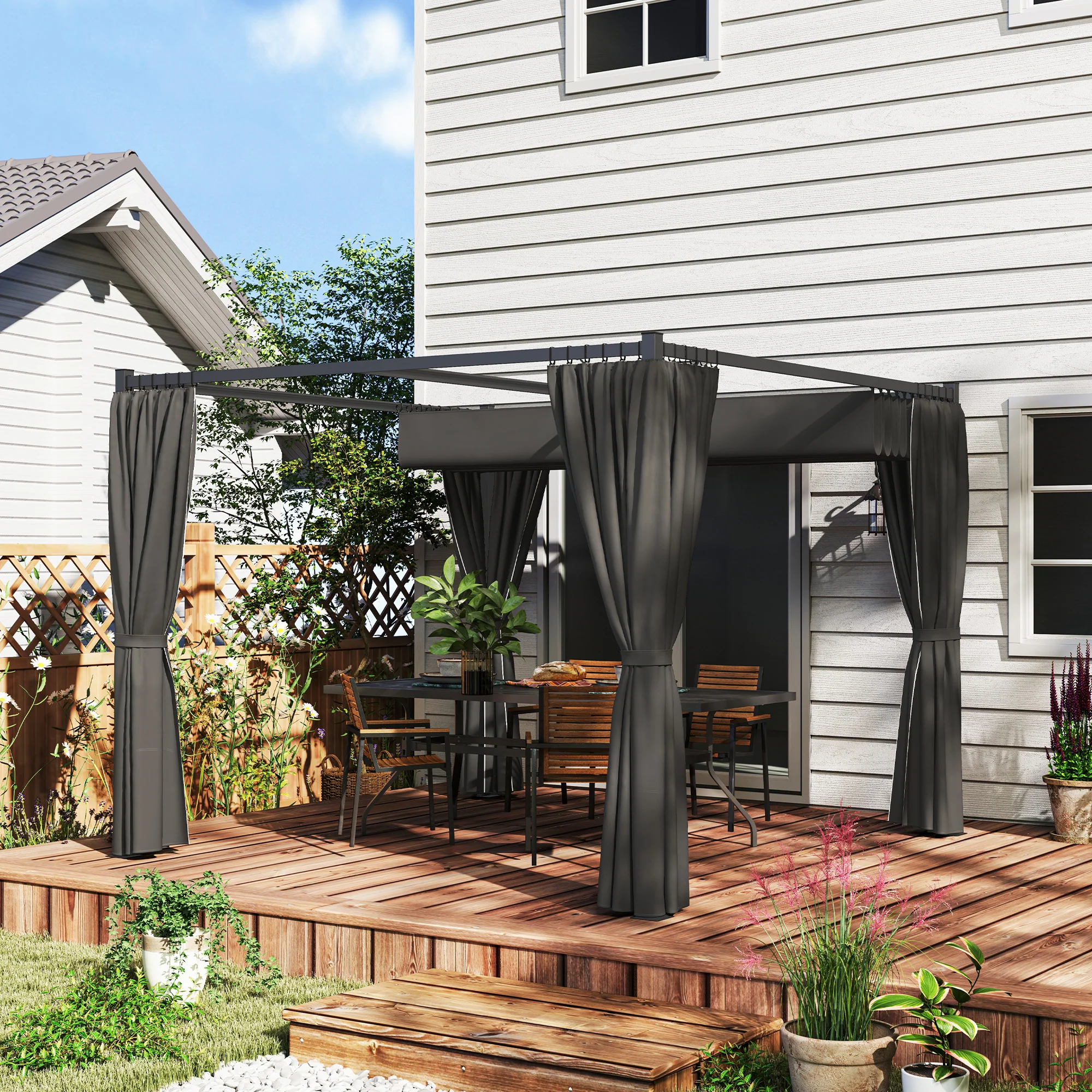 3 x 3m Meta Pergola with Retractable Roof Canopy & Curtains for Patio, Deck, Charcoal Grey