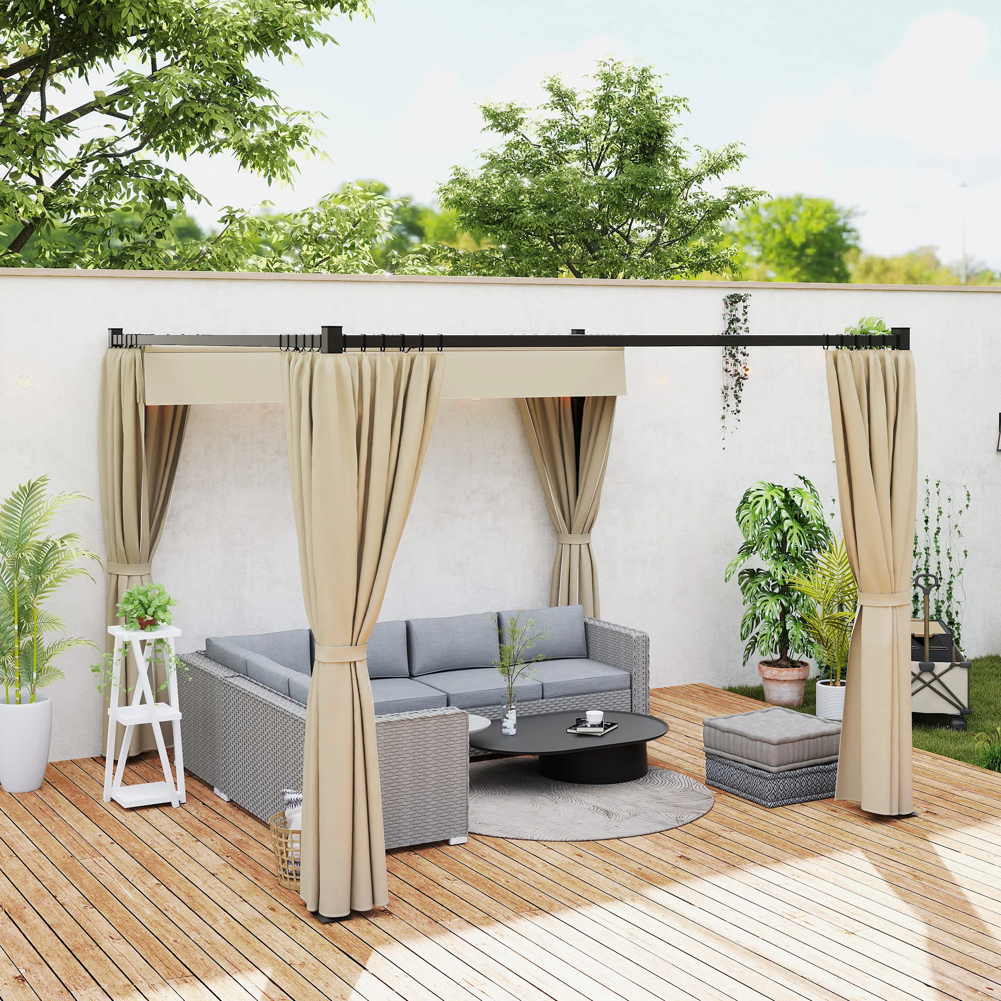 3 x 3m Meta Pergola with Retractable Roof Canopy & Curtains for Patio, Deck, Khaki - Image 11