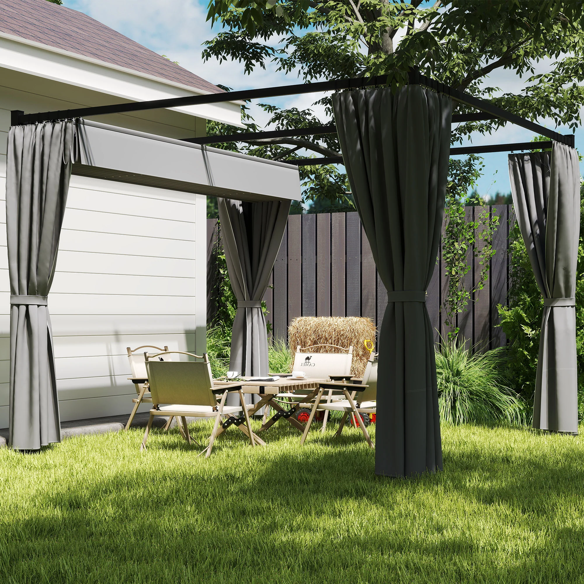 3 x 3m Meta Pergola with Retractable Roof Canopy & Curtains for Patio, Deck, Light Grey - Image 11
