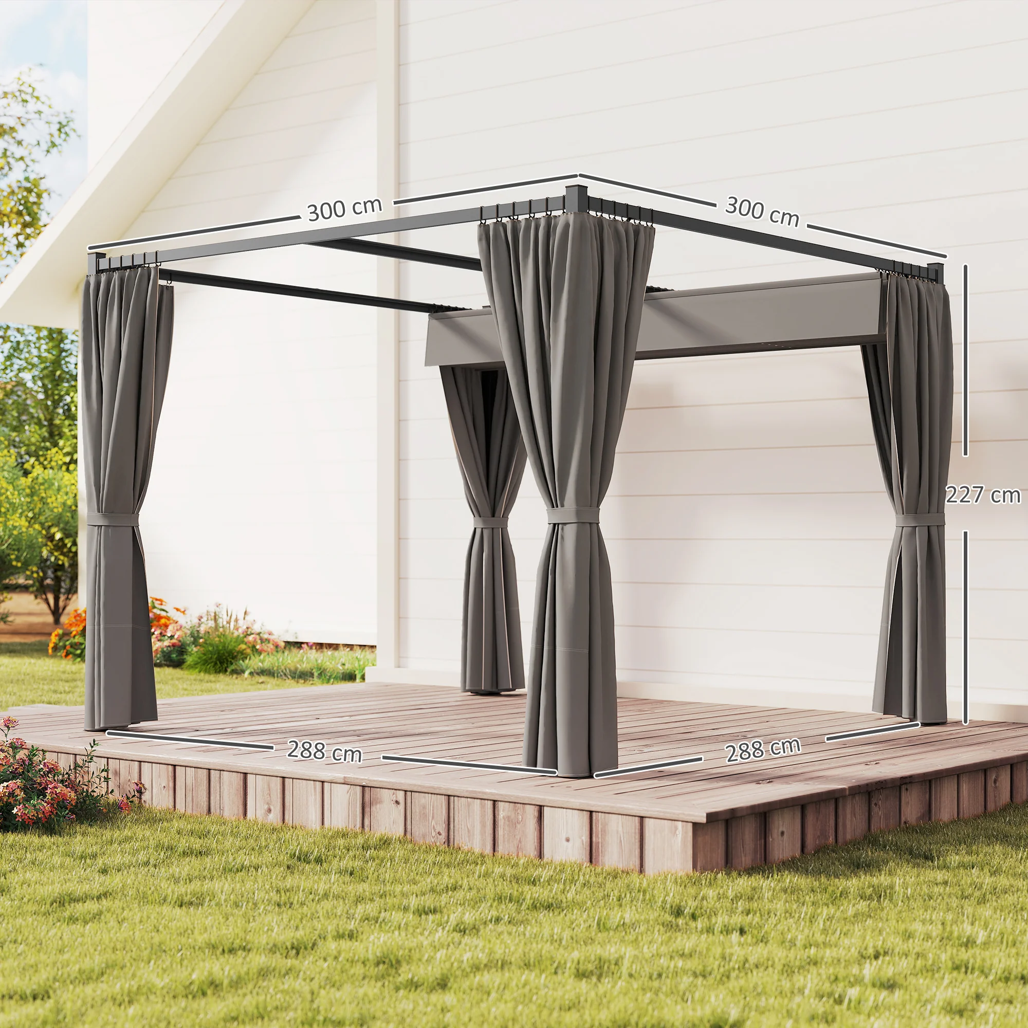 3 x 3m Meta Pergola with Retractable Roof Canopy & Curtains for Patio, Deck, Light Grey - Image 5