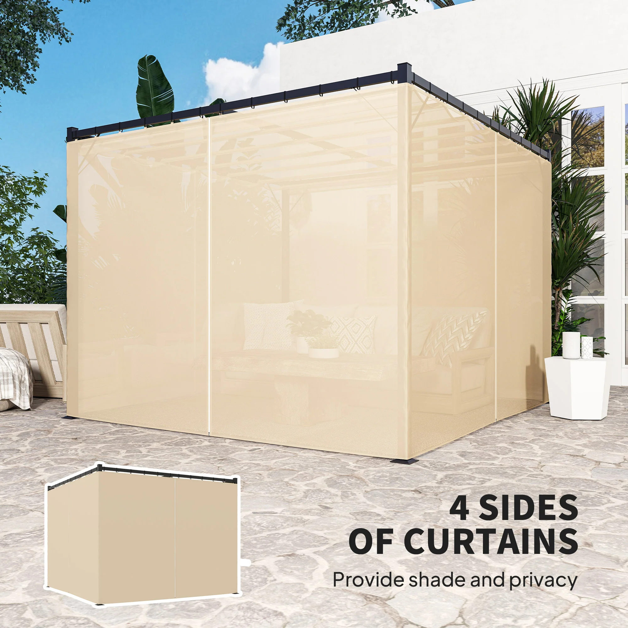 3 x 3m Meta Pergola with Retractable Roof Canopy & Curtains for Patio, Deck, Beige - Image 7