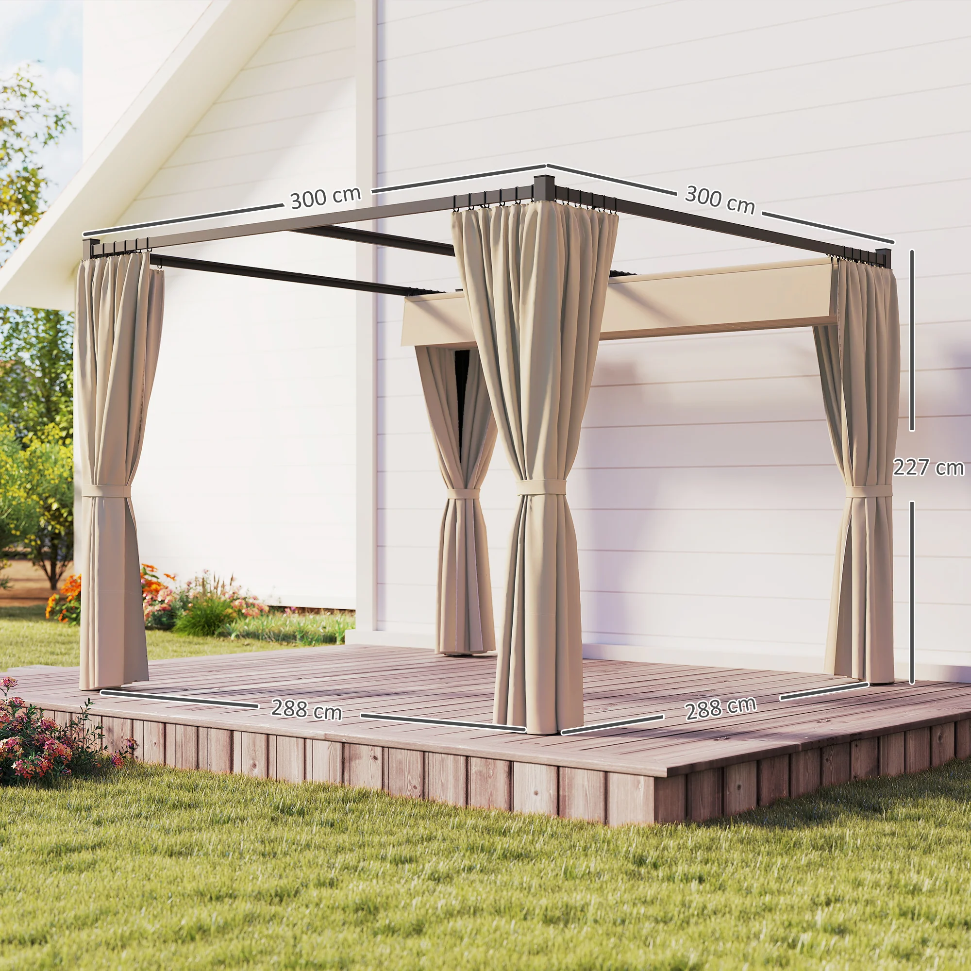 3 x 3m Meta Pergola with Retractable Roof Canopy & Curtains for Patio, Deck, Khaki - Image 5
