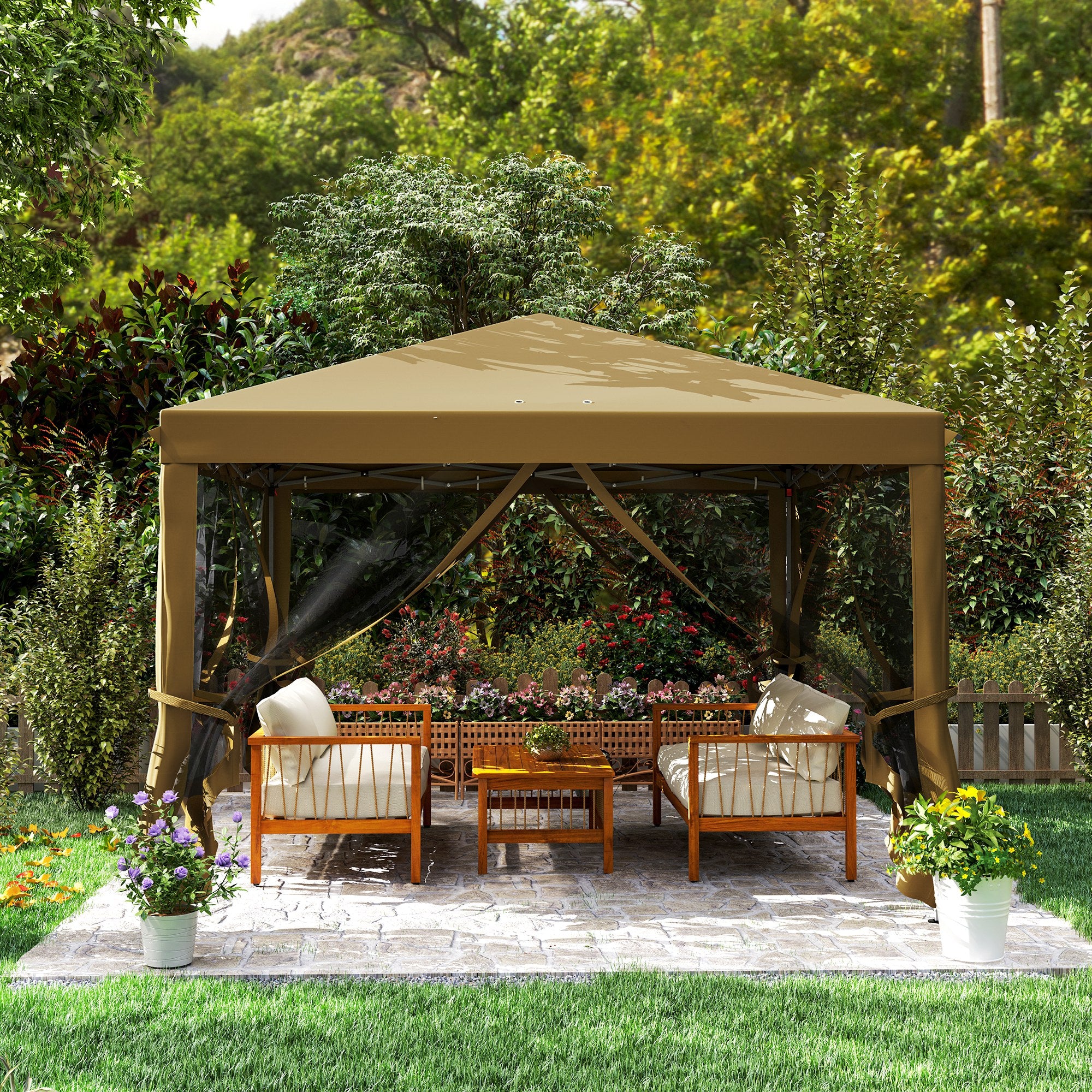 3 x 3m Pop Up Gazebo, 420D Garden Tent Canopy with Removable Mesh Sidewall Netting, Carry Bag for Garden Patio Outdoor, Khaki - Image 10