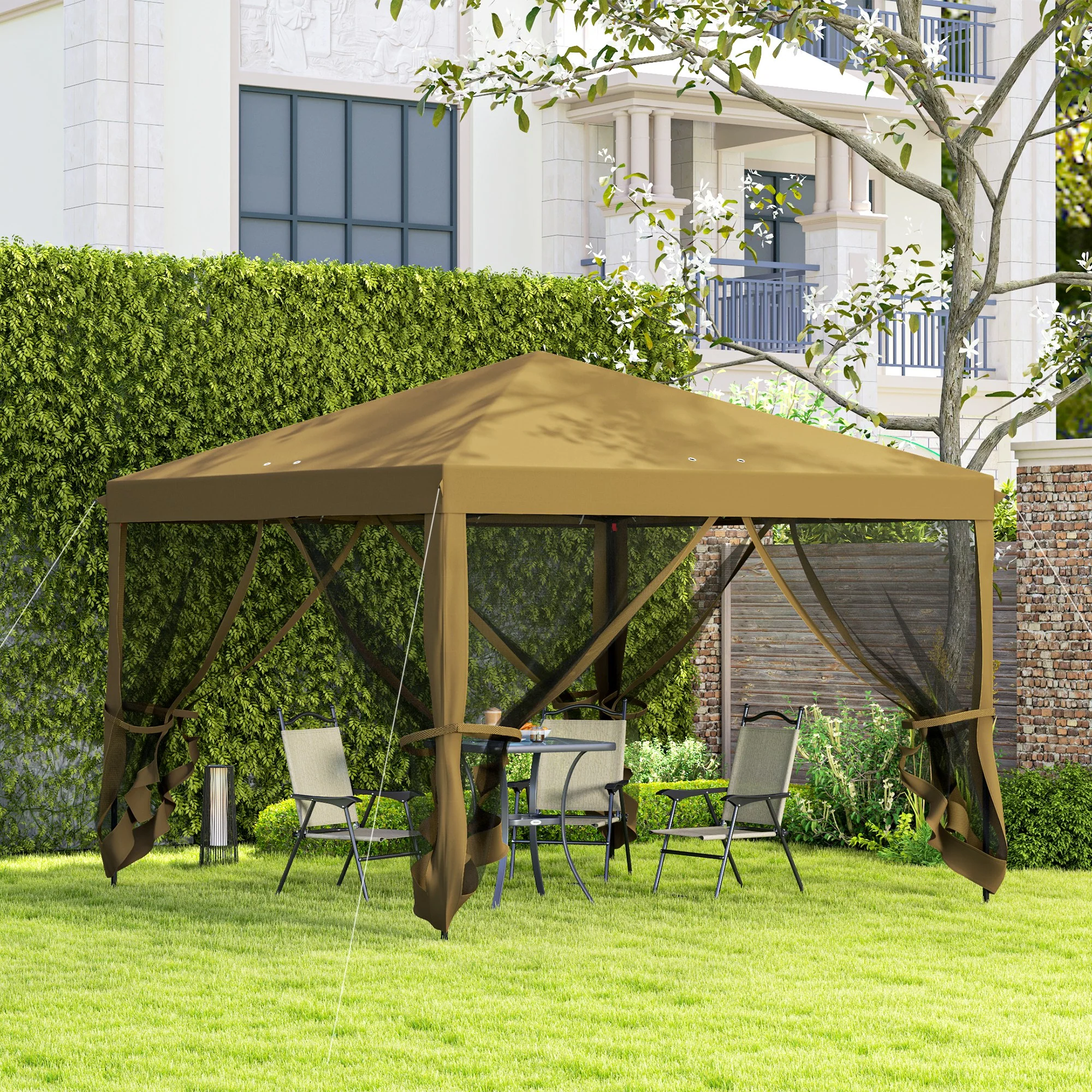 3 x 3m Pop Up Gazebo, 420D Garden Tent Canopy with Removable Mesh Sidewall Netting, Carry Bag for Garden Patio Outdoor, Khaki - Image 4