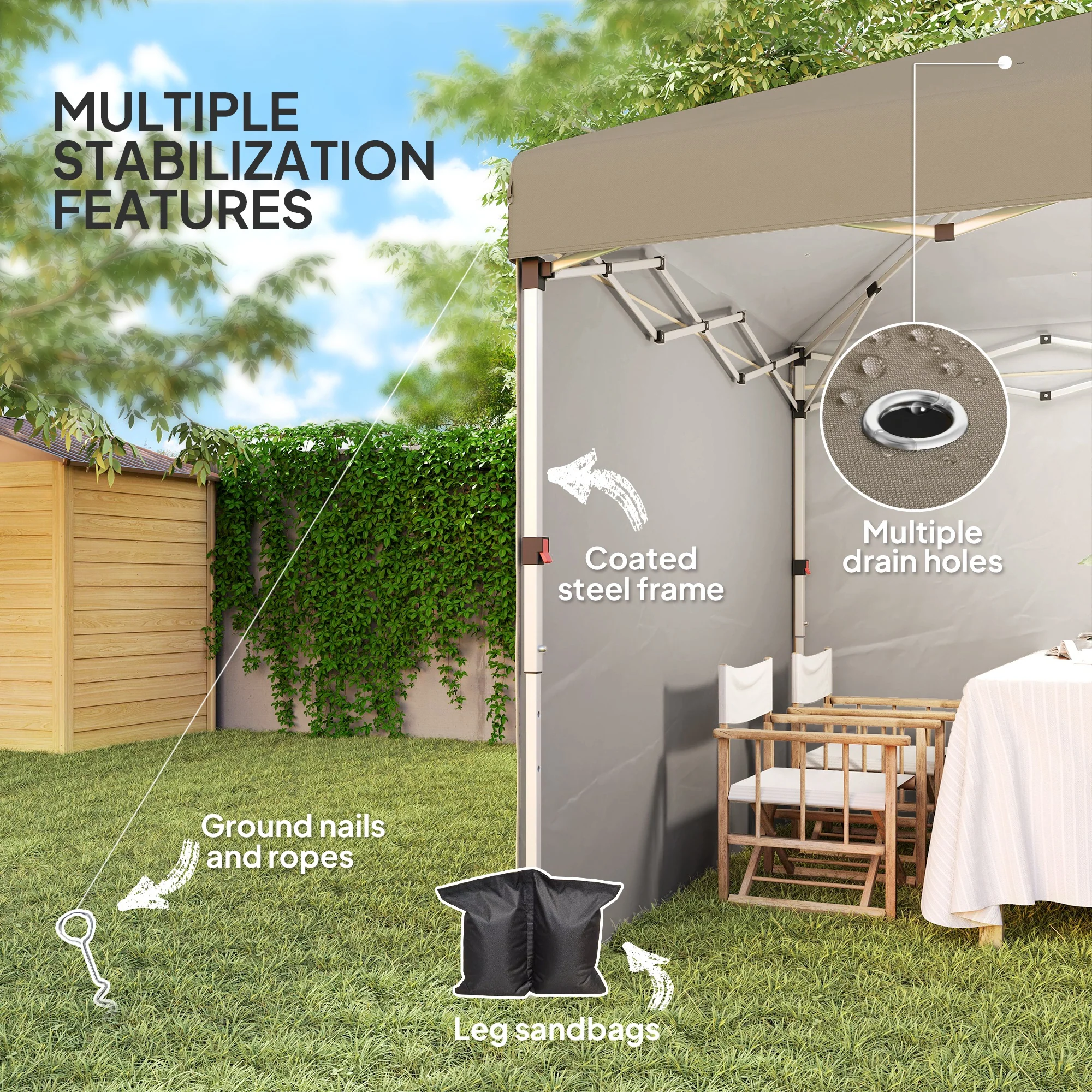 3 x 3 (M) Pop Up Gazebo, UPF 30+ with 2 Sidewalls, Leg Weight Bags and Wheeled Bag, Height Adjustable Party Tent Event Shelter for Garden, Patio, Khaki - Image 9