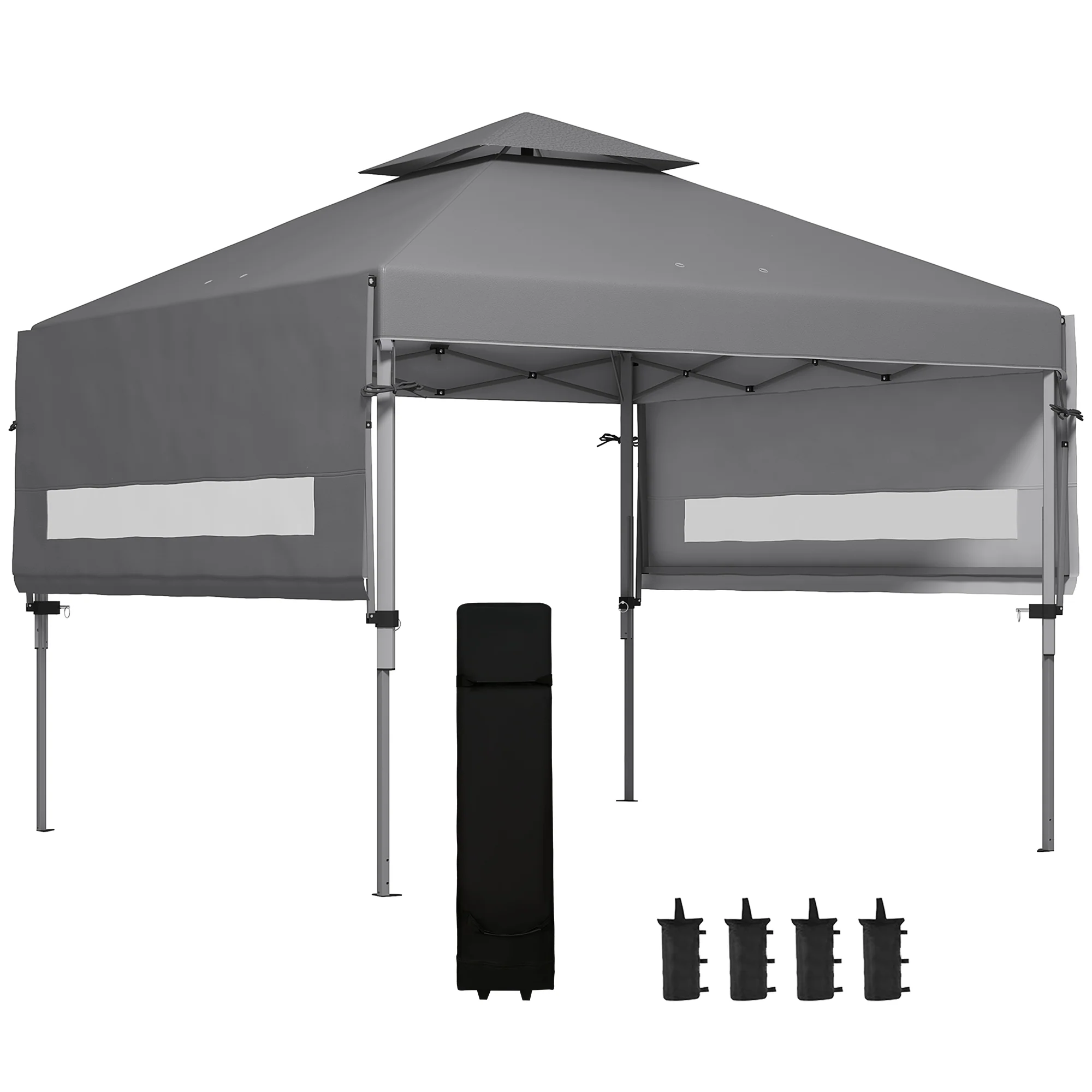 3 x 3m Pop Up Gazebo Party Tent with Extend Dual Awnings, Wheeled Bag, Sandbags, Grey - Image 2