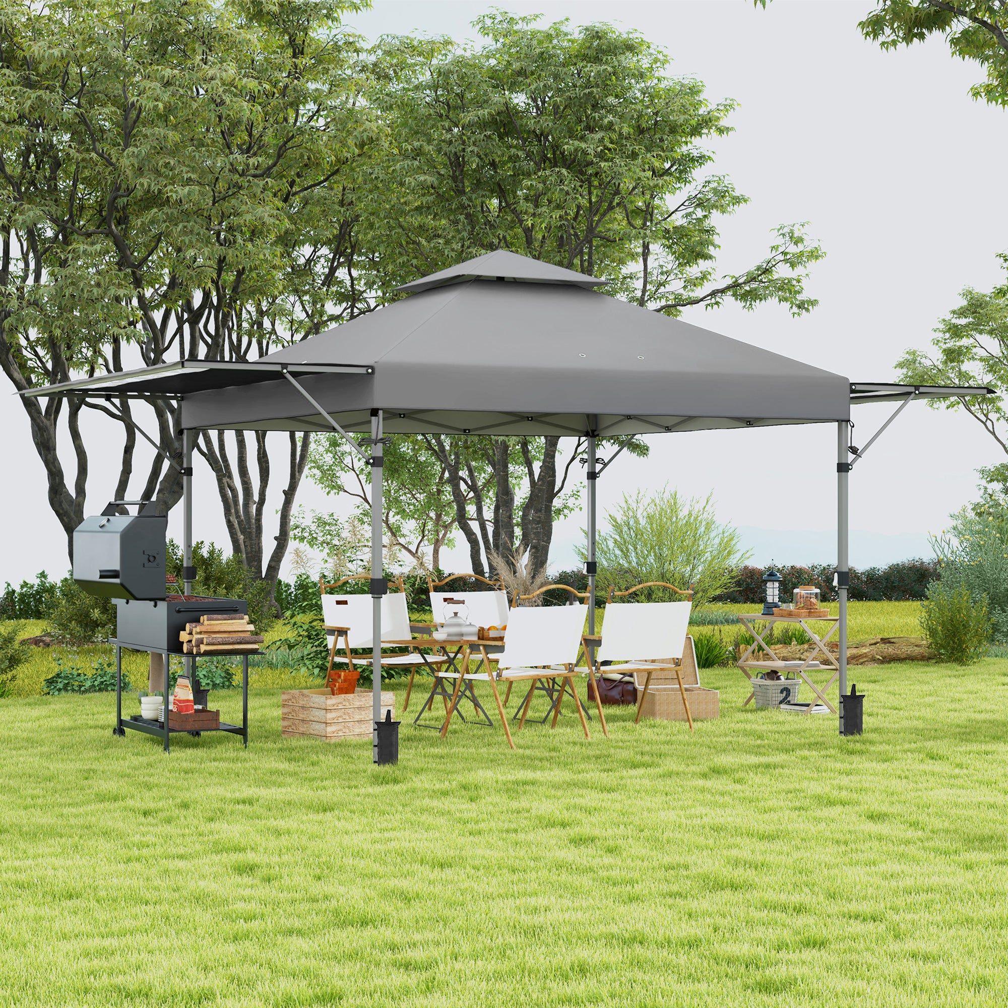 3 x 3m Pop Up Gazebo Party Tent with Extend Dual Awnings, Wheeled Bag, Sandbags, Grey - Image 4