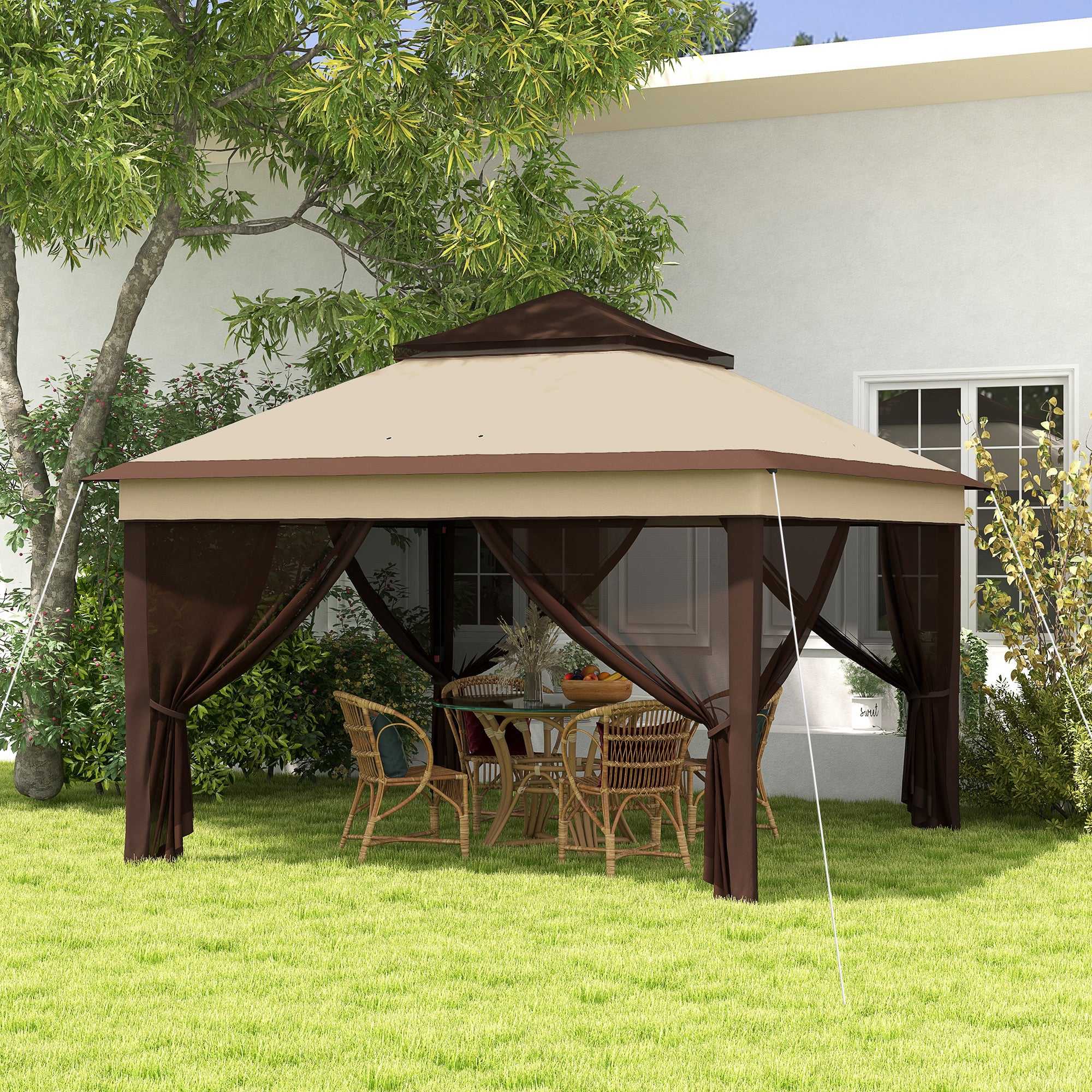 3 x 3m Pop Up Gazebo w/ Netting and Carrying Bag, Height Adjustable & UV-Resistant, Beige - Image 3