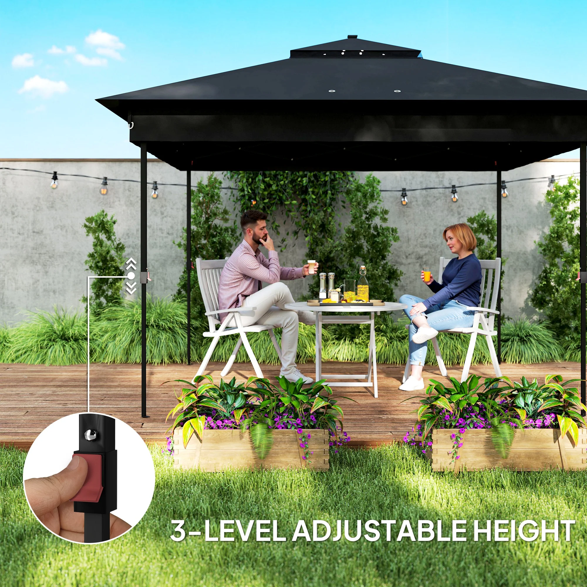 3 x 3m Pop Up Gazebo with Sides, 20 Solar-Powered LED Lights & Netting, Black - Image 9