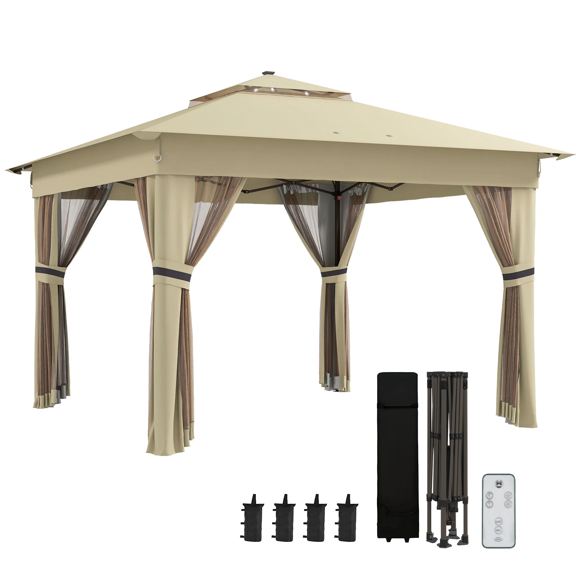 3 x 3m Pop Up Gazebo with Sides, LED Lights & Netting, Instant Event Shelter, Khaki